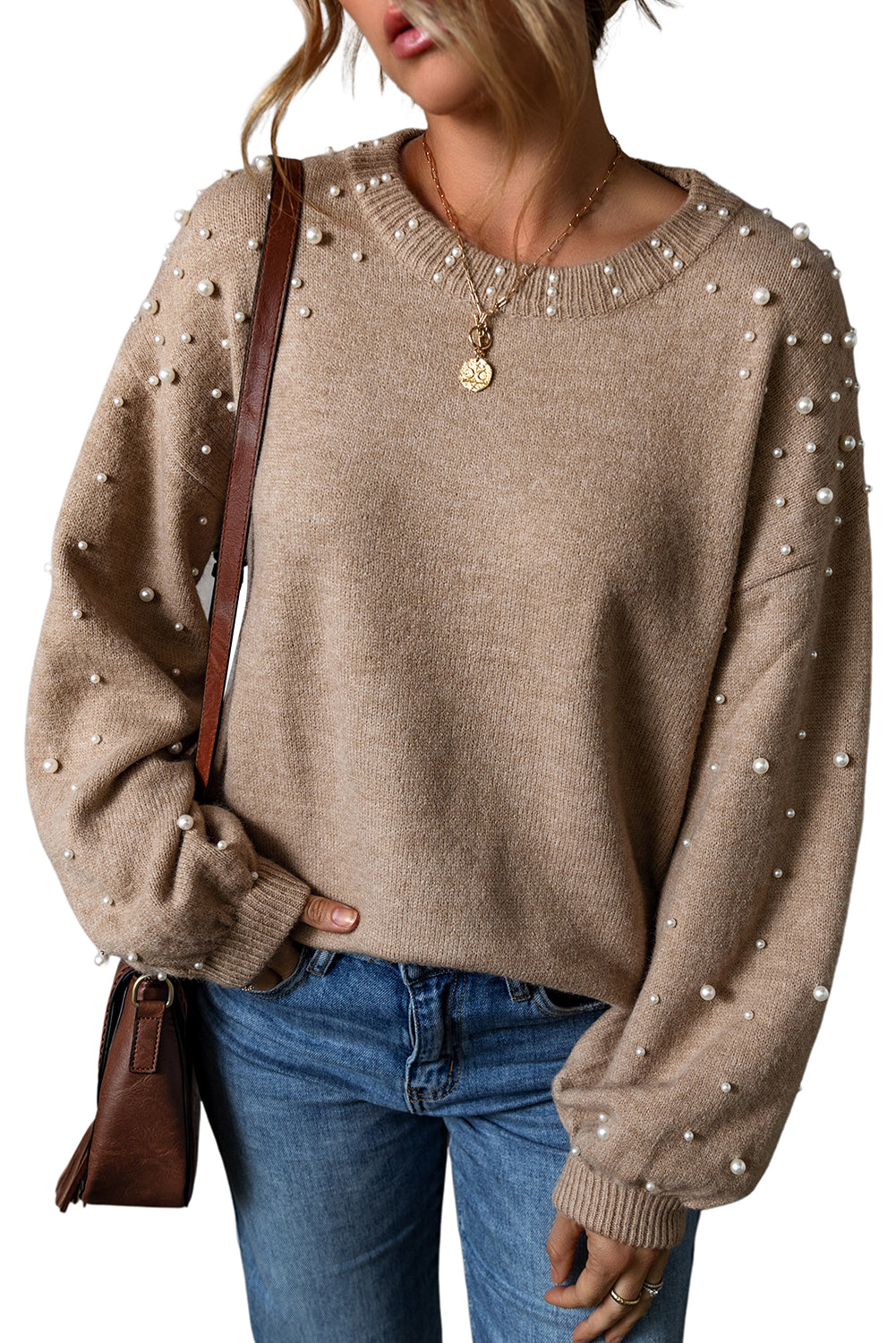 Smoke Gray Pearled Drop Shoulder Round Neck Sweater