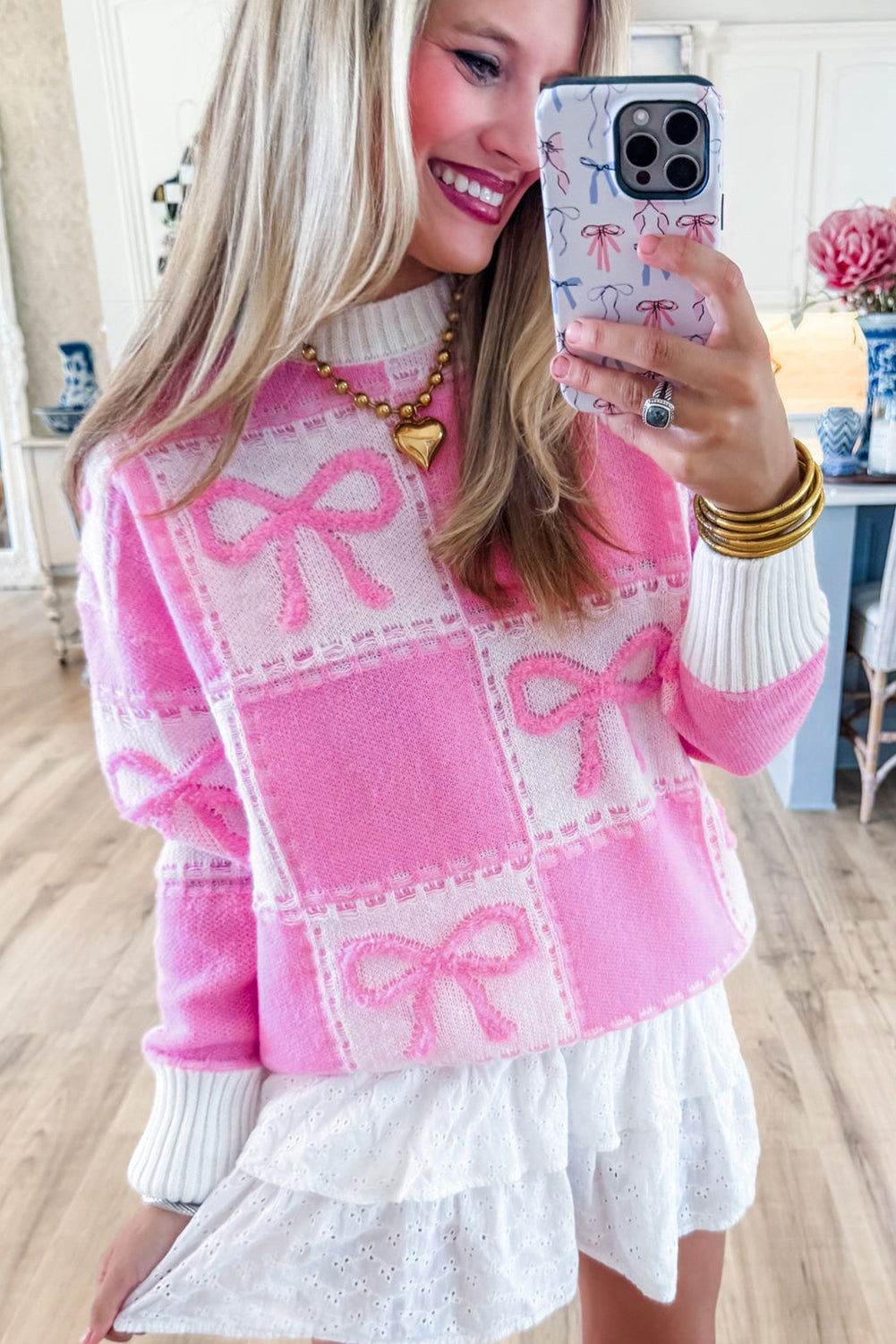 Pink Bow Knot Two Tone Checkered Crew Neck Sweater