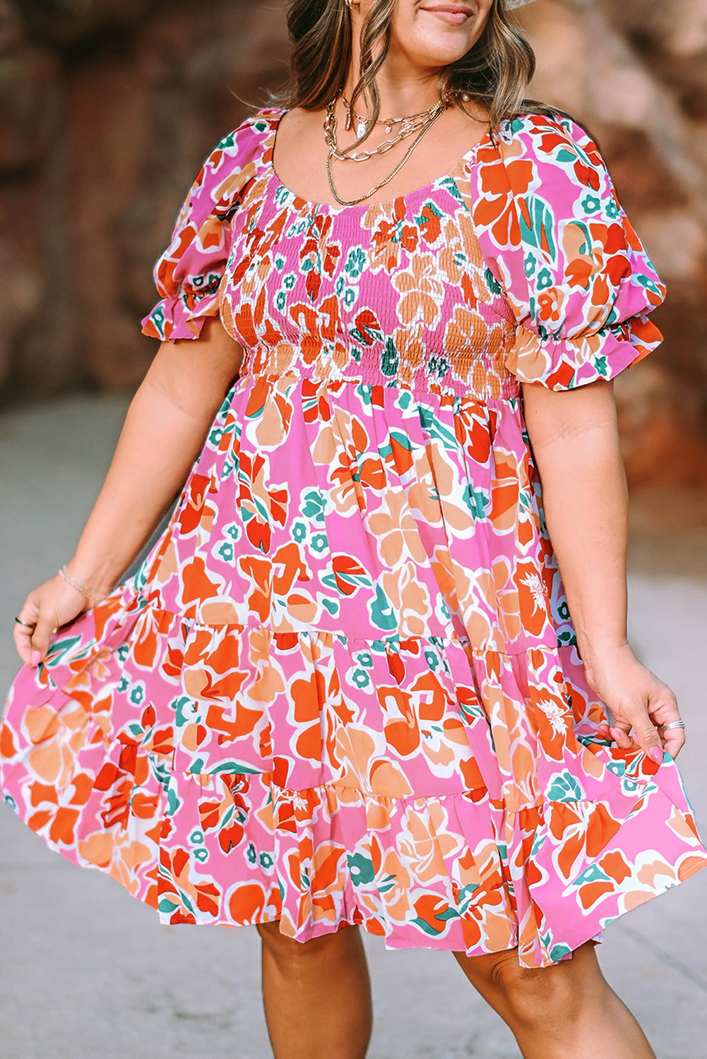 Pink Plus Size Floral Print Smocked Ruffle Tiered Dress