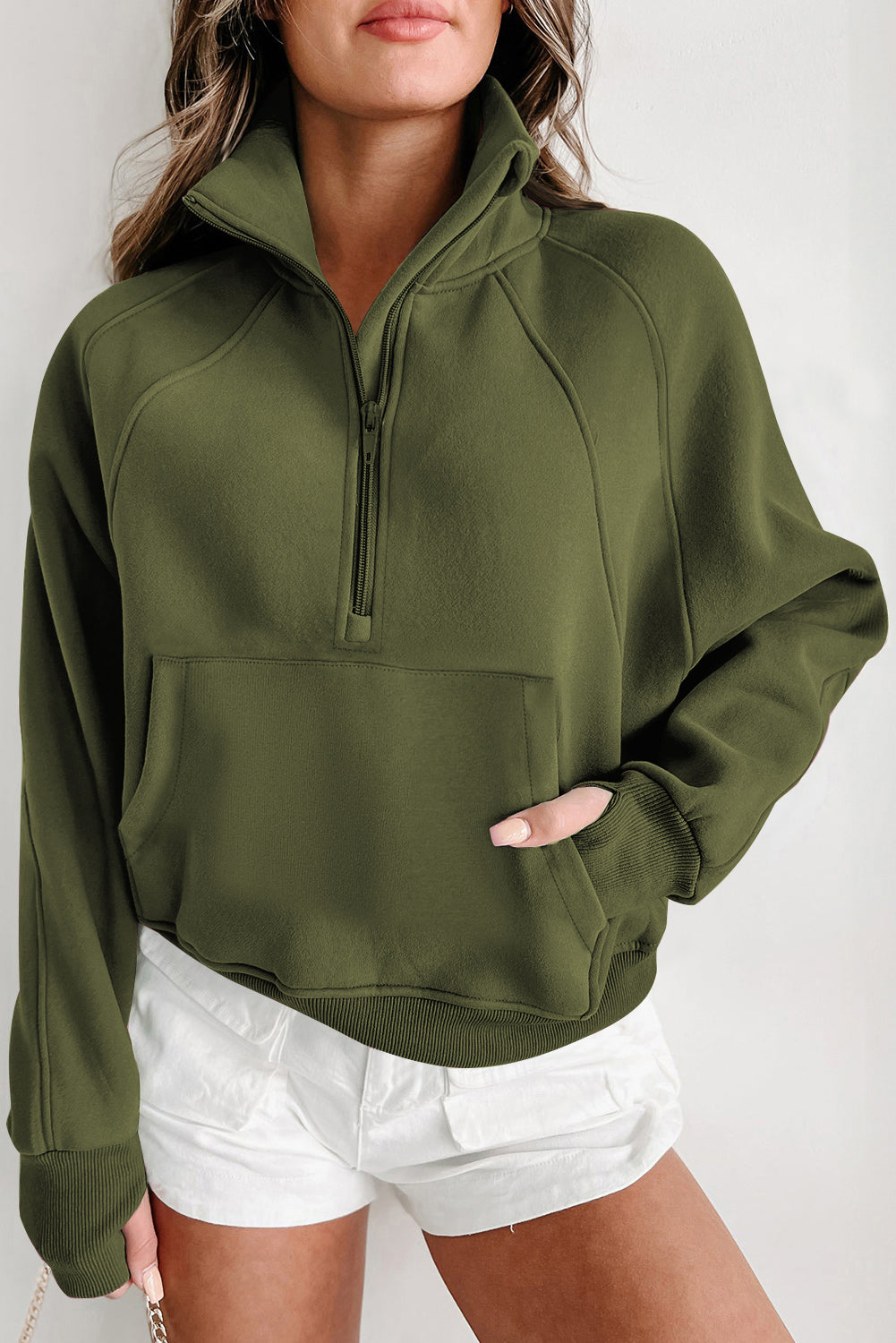 Phalaenopsis Fleece Lined Zip Up Stand Collar Thumbhole Sleeve Sweatshirt