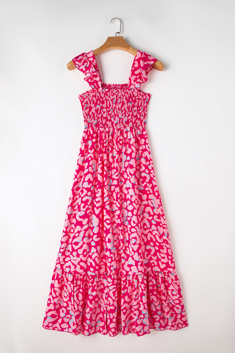 Pink Leopard Ruffle Straps Smocked High Waist Long Dress