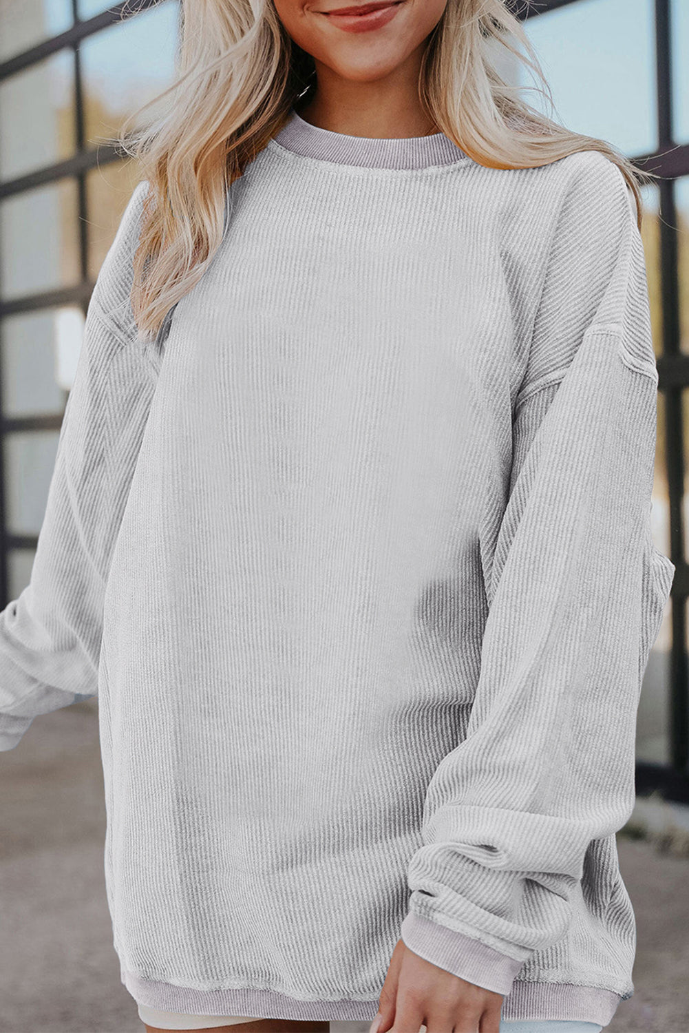 Smoke Gray Ribbed Corduroy Oversized Sweatshirt