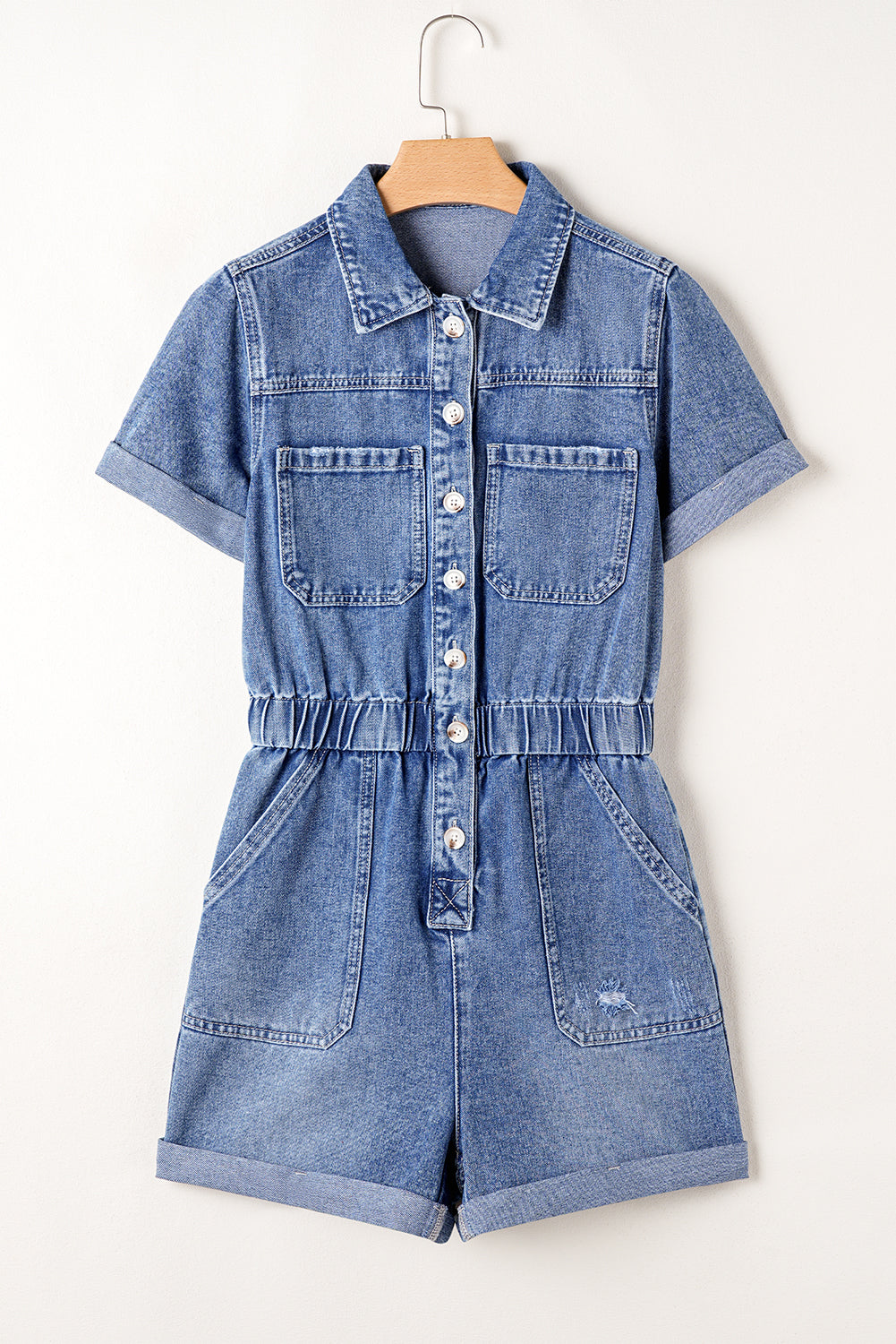 Dusk Blue Chest Pocket Front Buttoned Folded Edge Denim Short Sleeve Romper