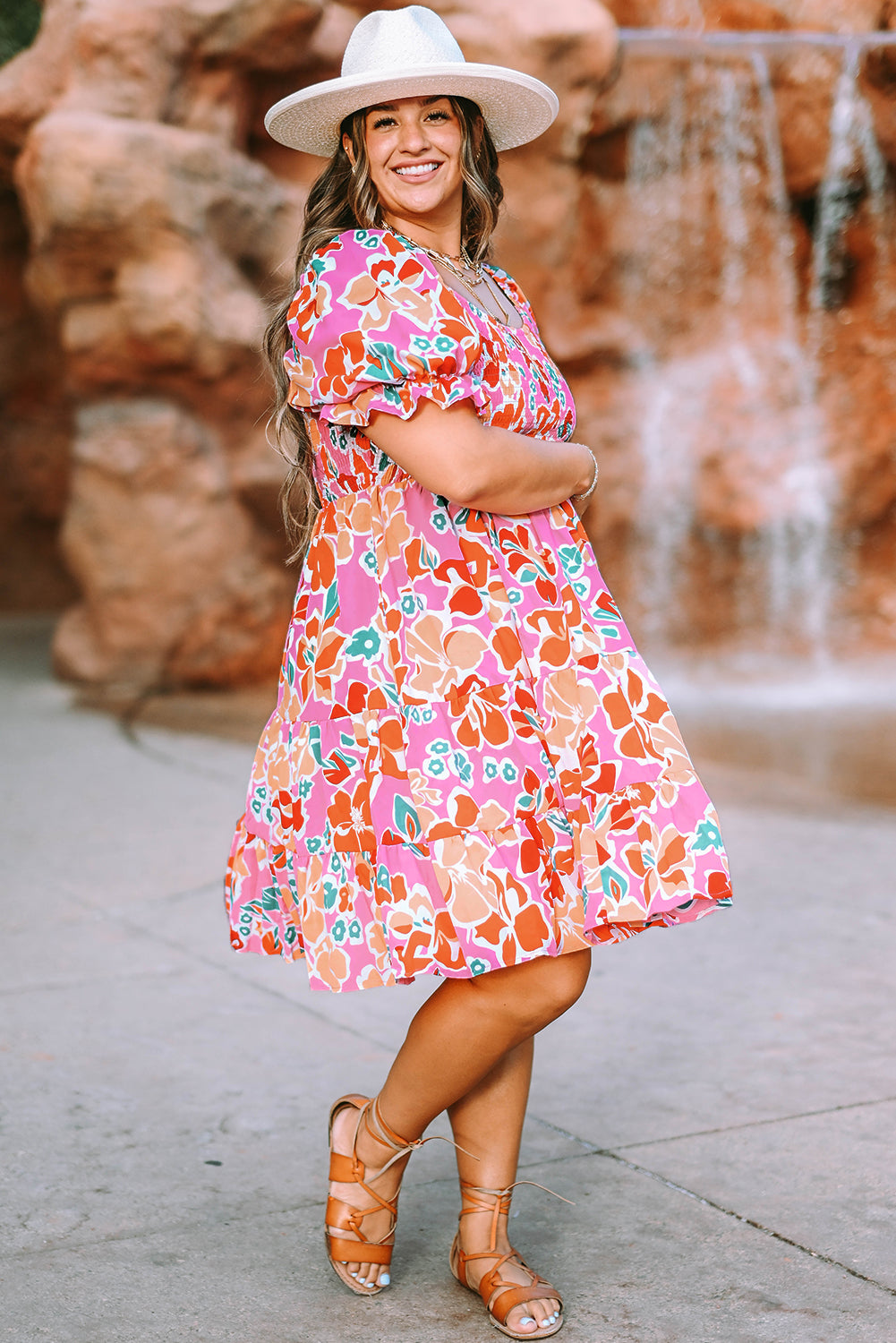 Pink Plus Size Floral Print Smocked Ruffle Tiered Dress