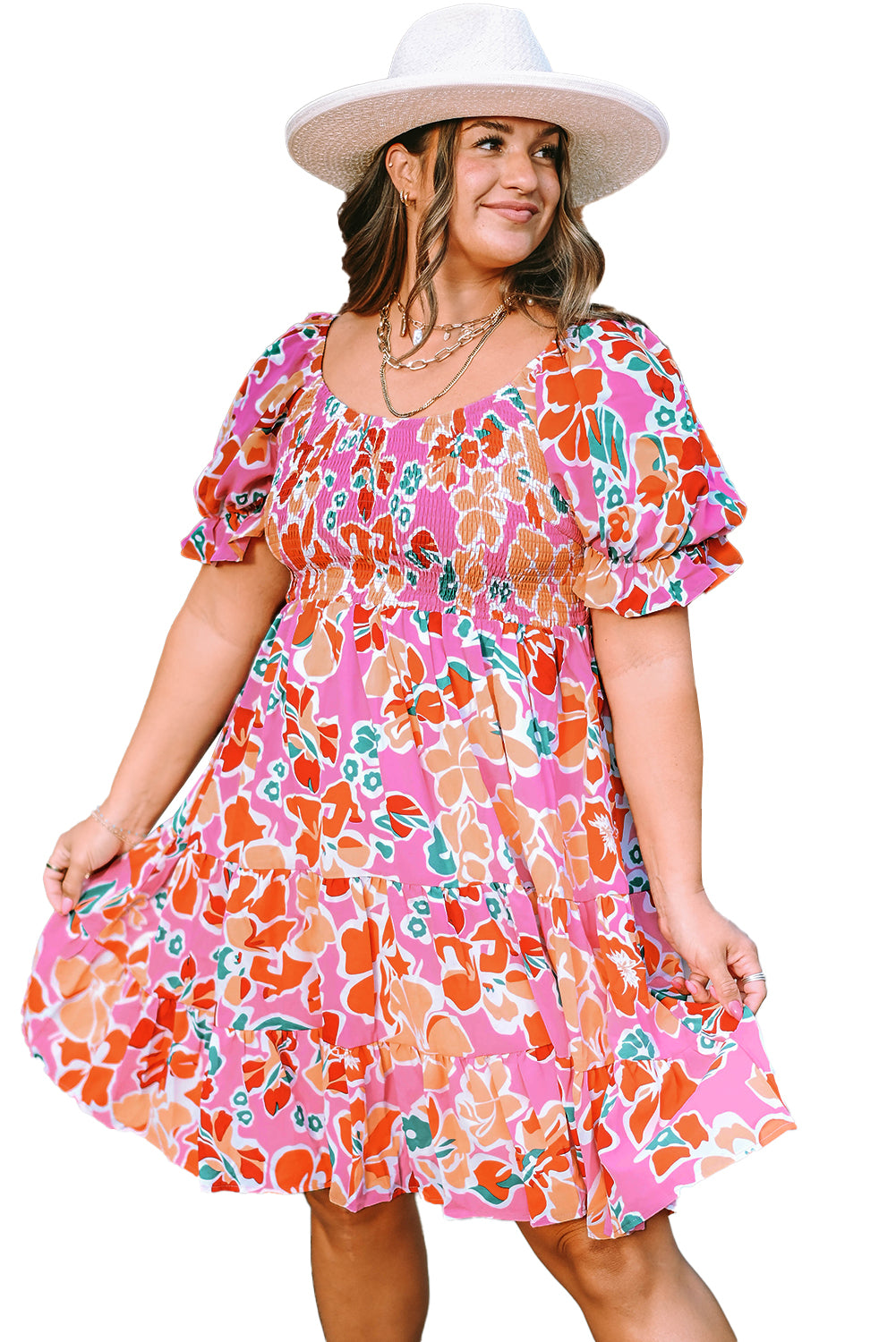 Pink Plus Size Floral Print Smocked Ruffle Tiered Dress