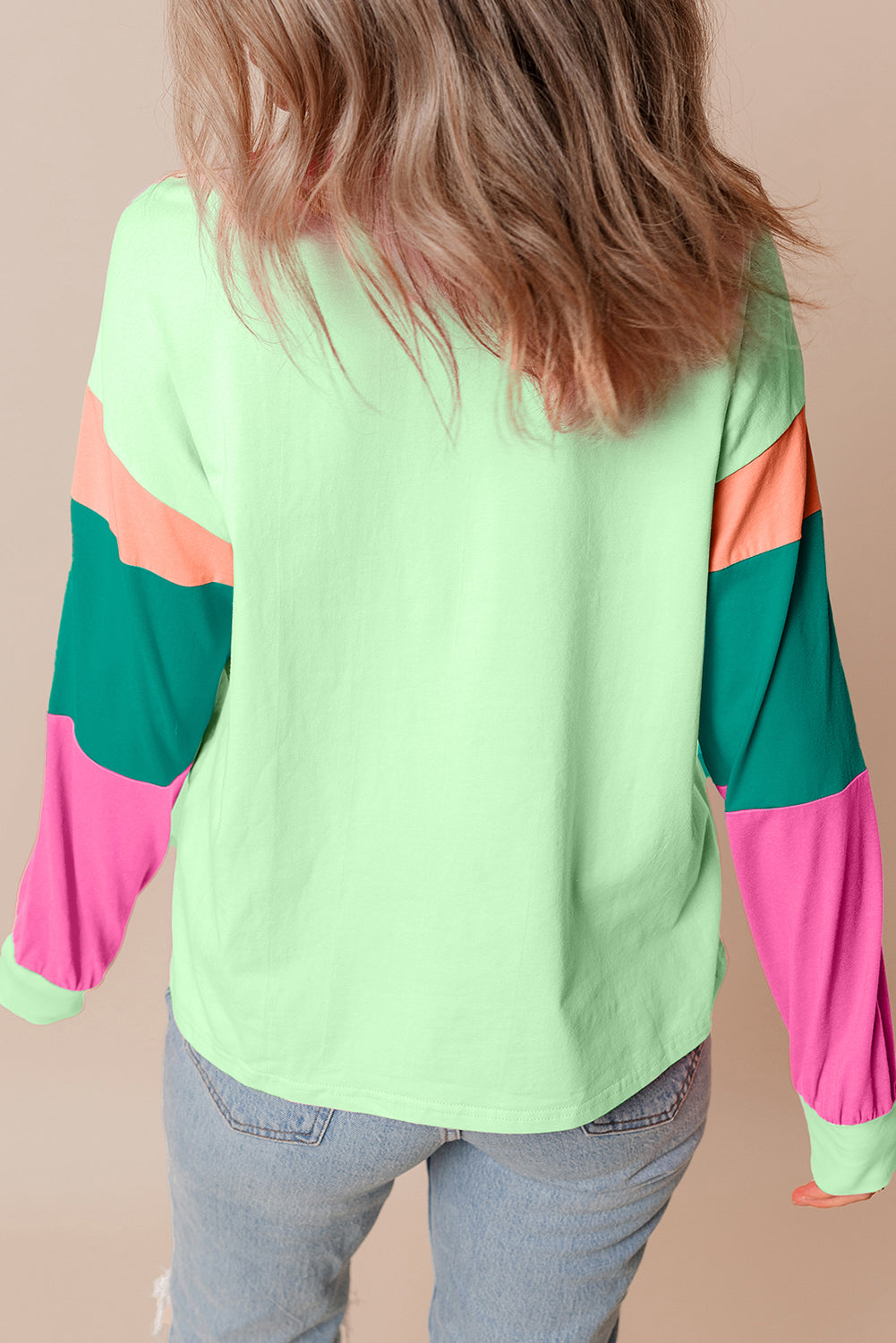 Green Colorblock Patchwork Long Sleeve Loose Top