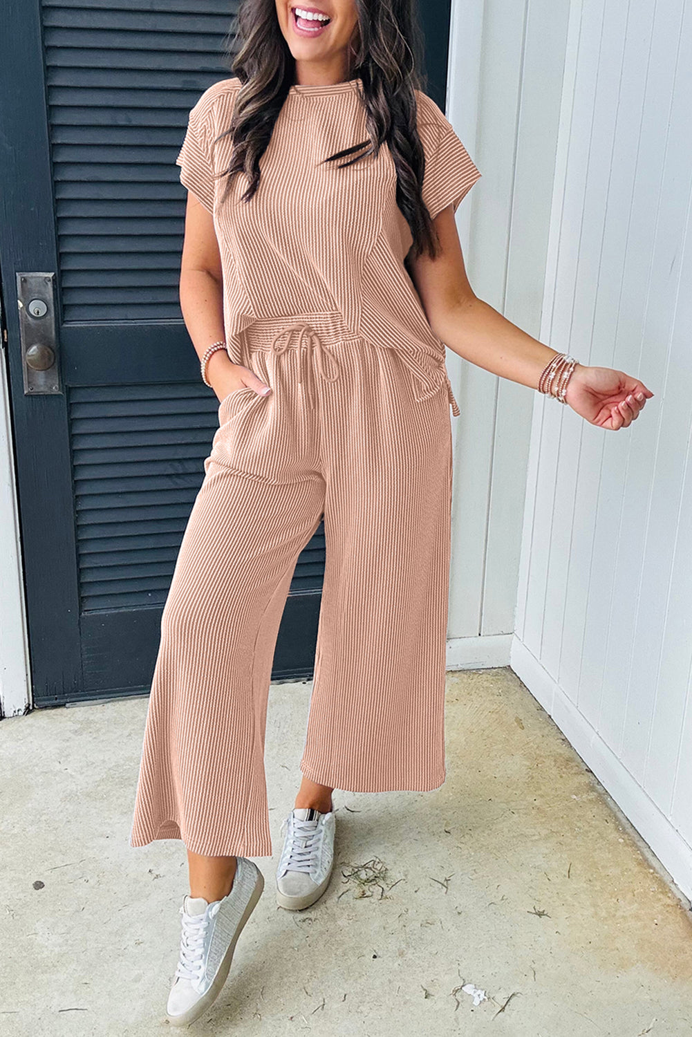 Wild Wind Solid Corded Knit Short Sleeve T Shirt and Wide Leg Pants Set