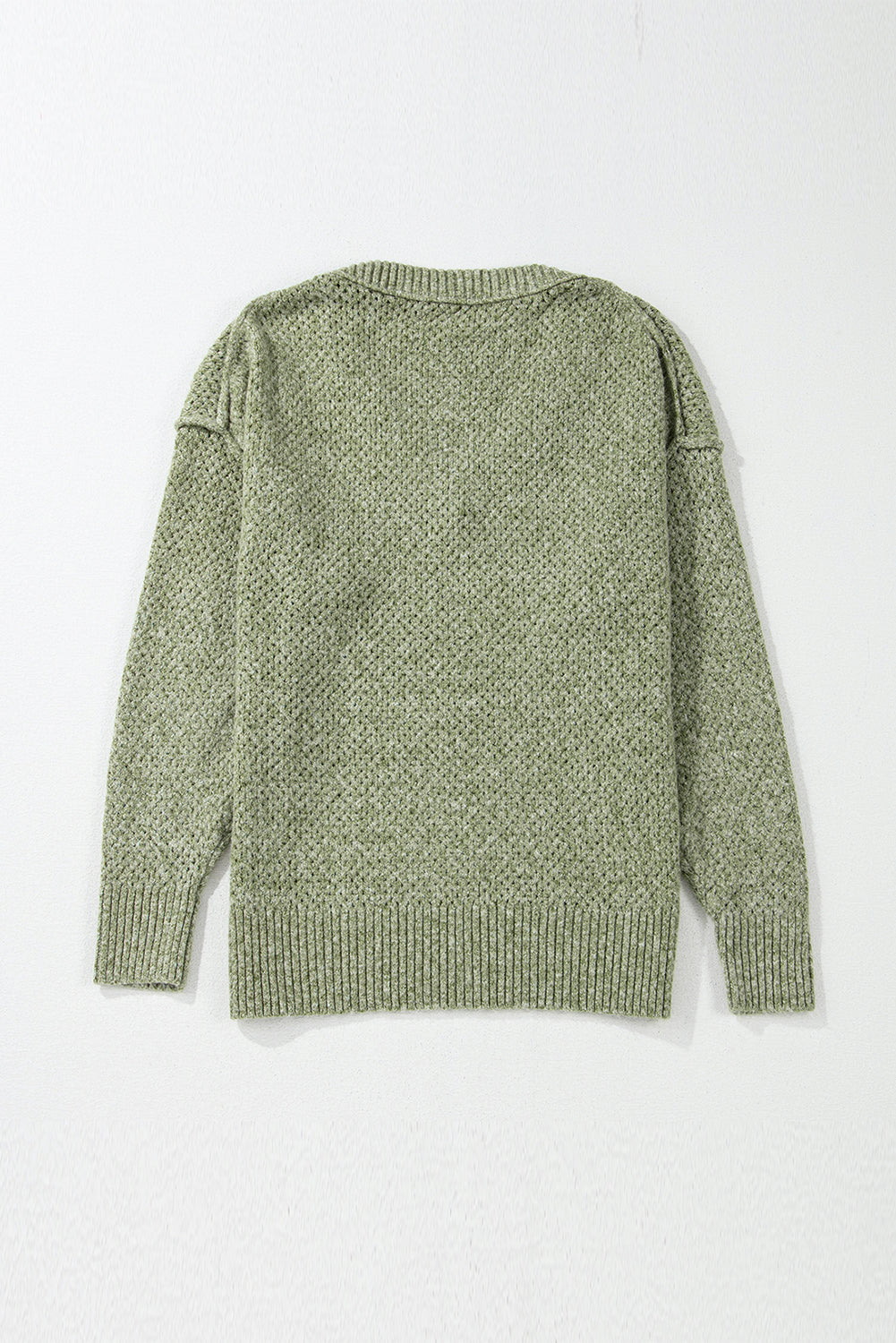 Jungle Green Loose Eyelet V Neck Drop Shoulder Sweater