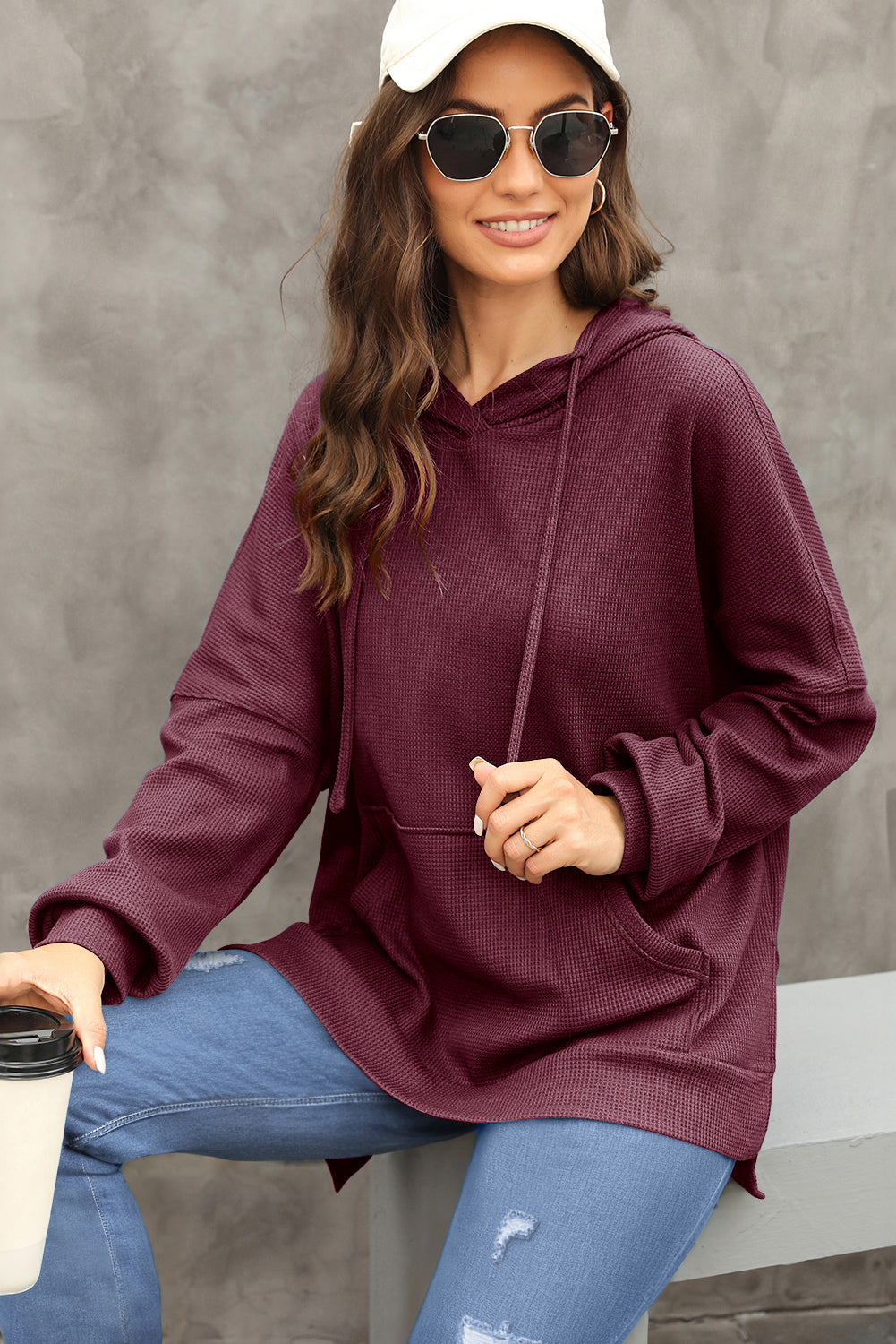 Coffee Waffle Knit Fleece Lined High Low Oversized Hoodie