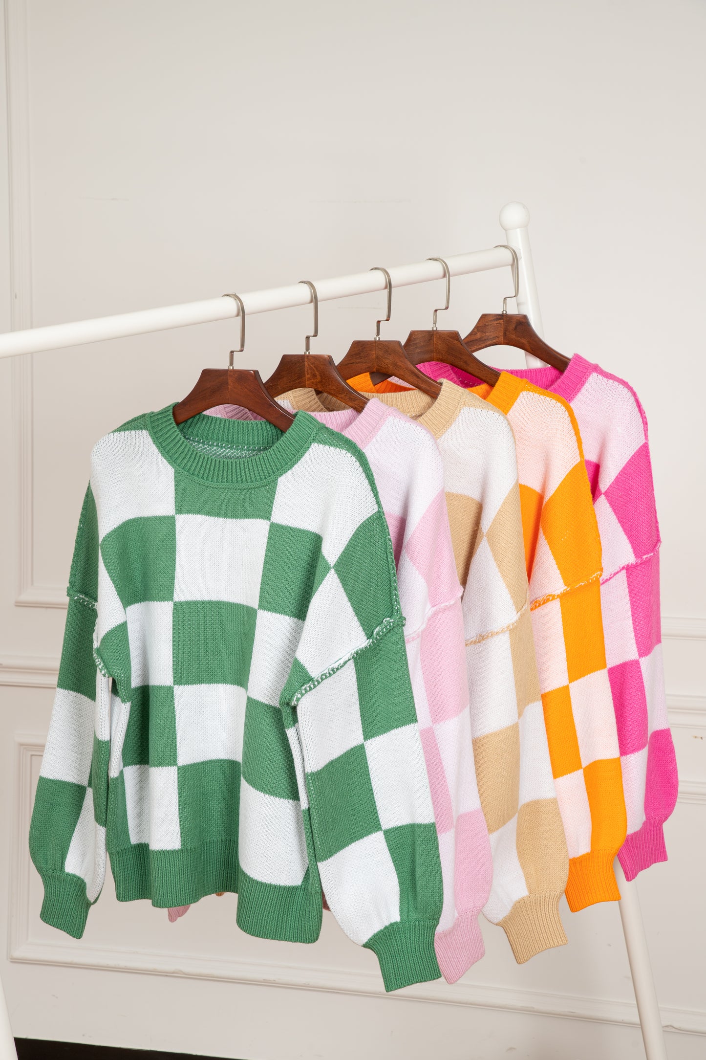 Rose Stripe Checkered Bishop Sleeve Sweater