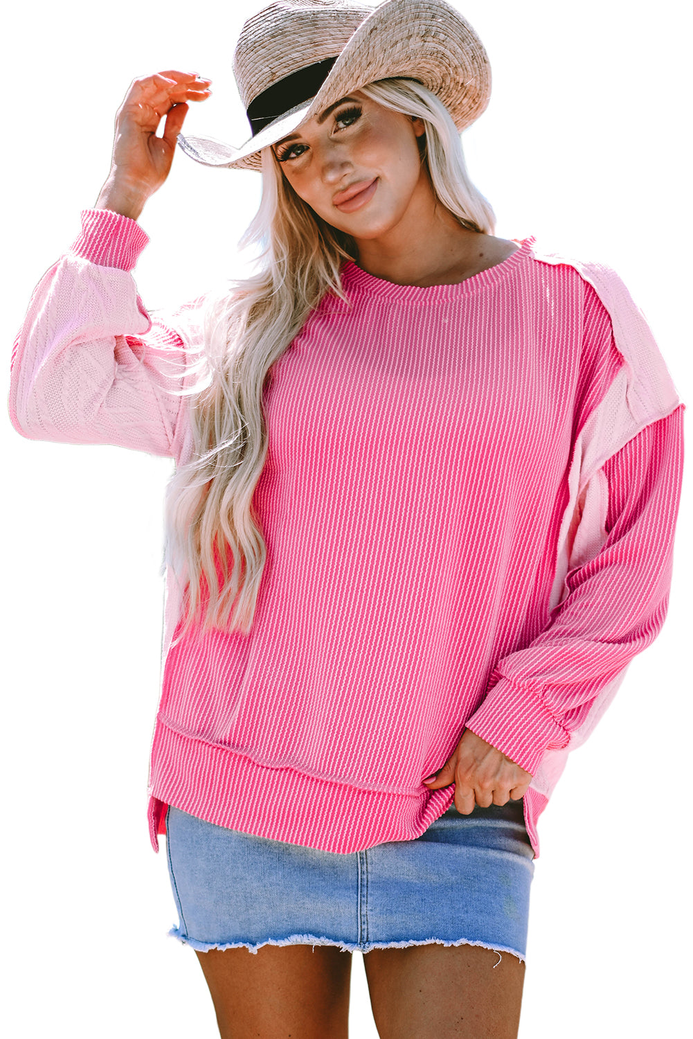 Bonbon Cable Knit Colorblock Exposed Seam Sweatshirt