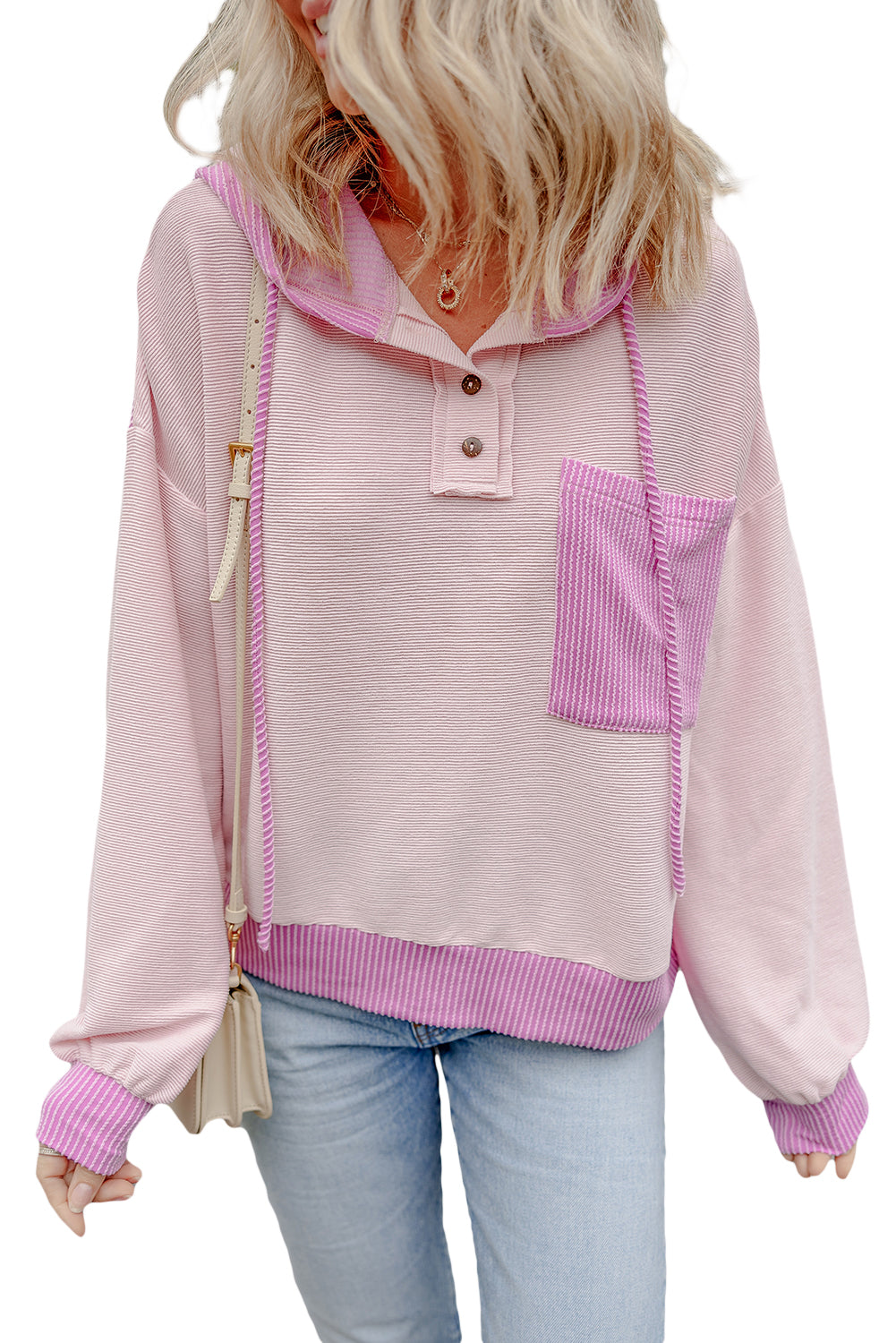 Light Pink Corded Colorblock Patch Pocket Drawstring Hoodie