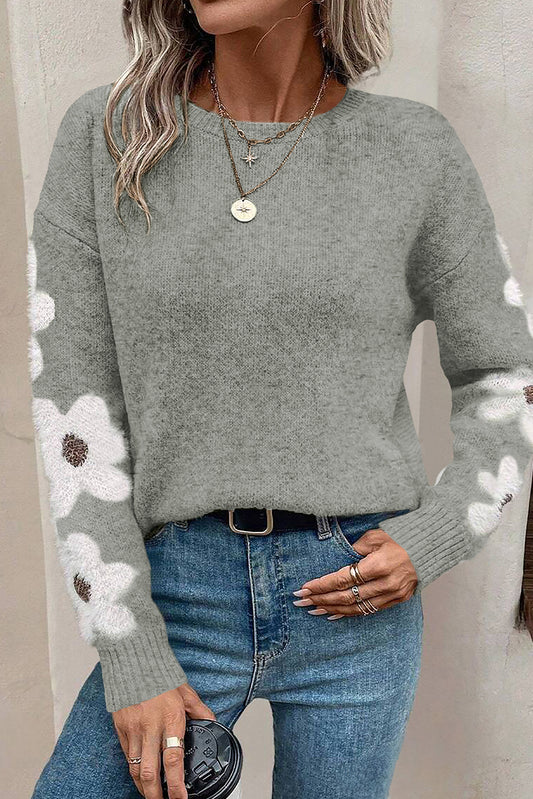 Light Grey Flower Sleeve Drop Shoulder Sweater