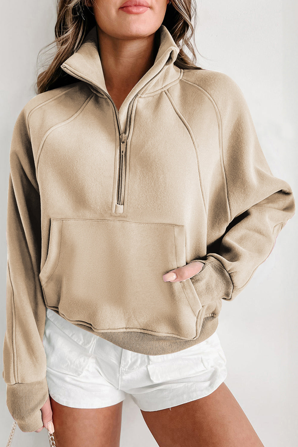 Phalaenopsis Fleece Lined Zip Up Stand Collar Thumbhole Sleeve Sweatshirt