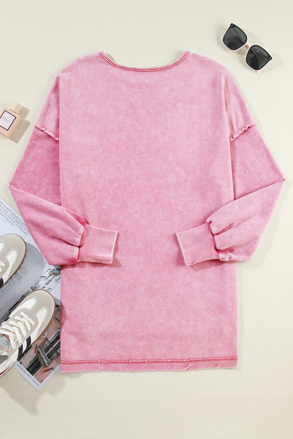 Strawberry Pink Mineral Wash Drop Shoulder Pullover Sweatshirt