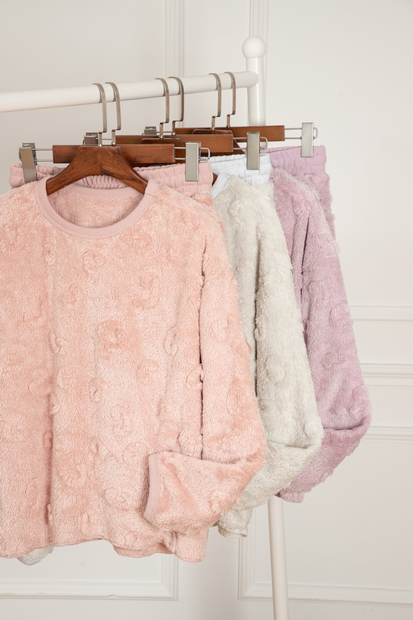 Light Pink Textured Leopard Fleece Loose Two Piece Lounge Set