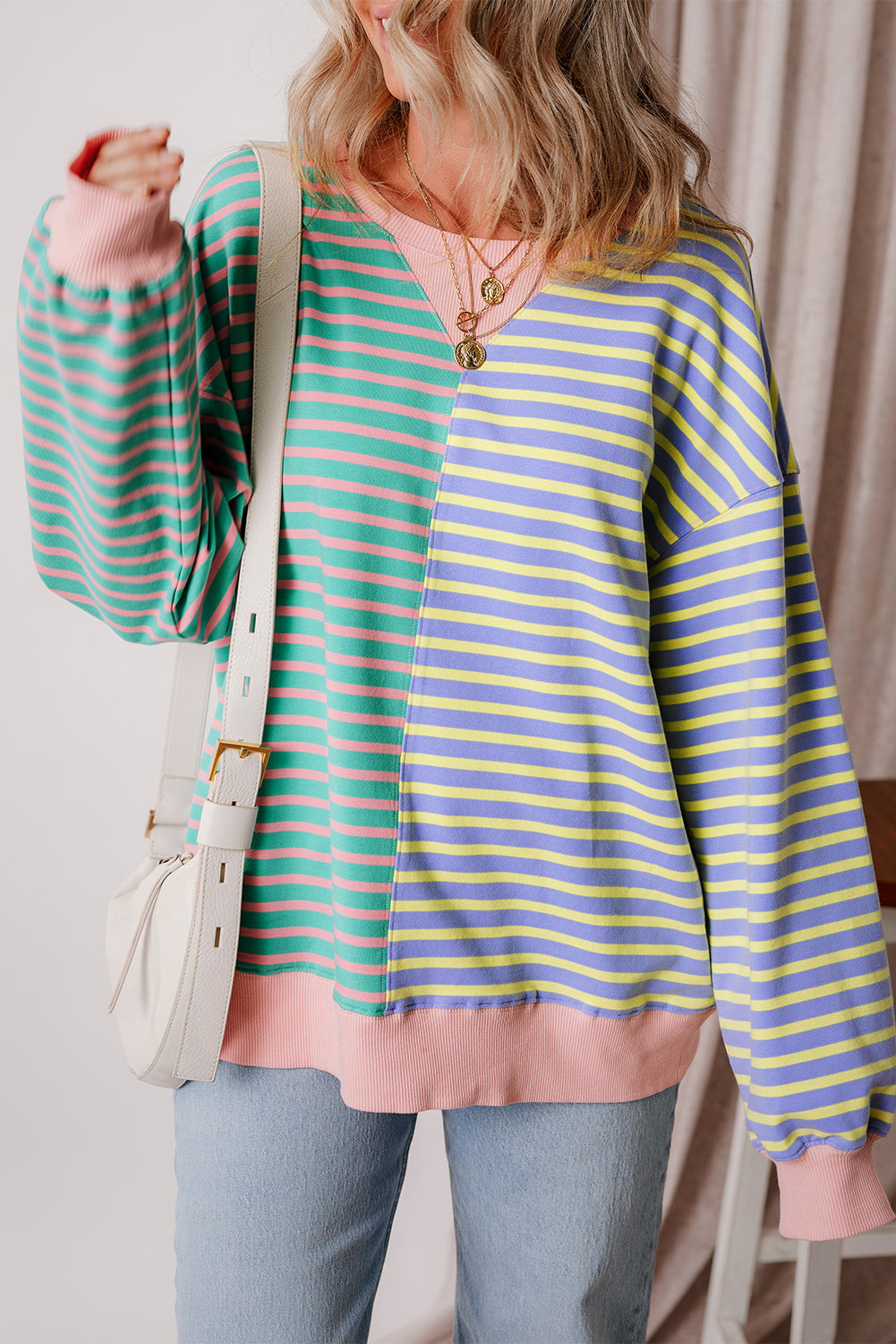 Brown Stripe Casual Stripe Colorblock Drop Shoulder Oversize Sweatshirt