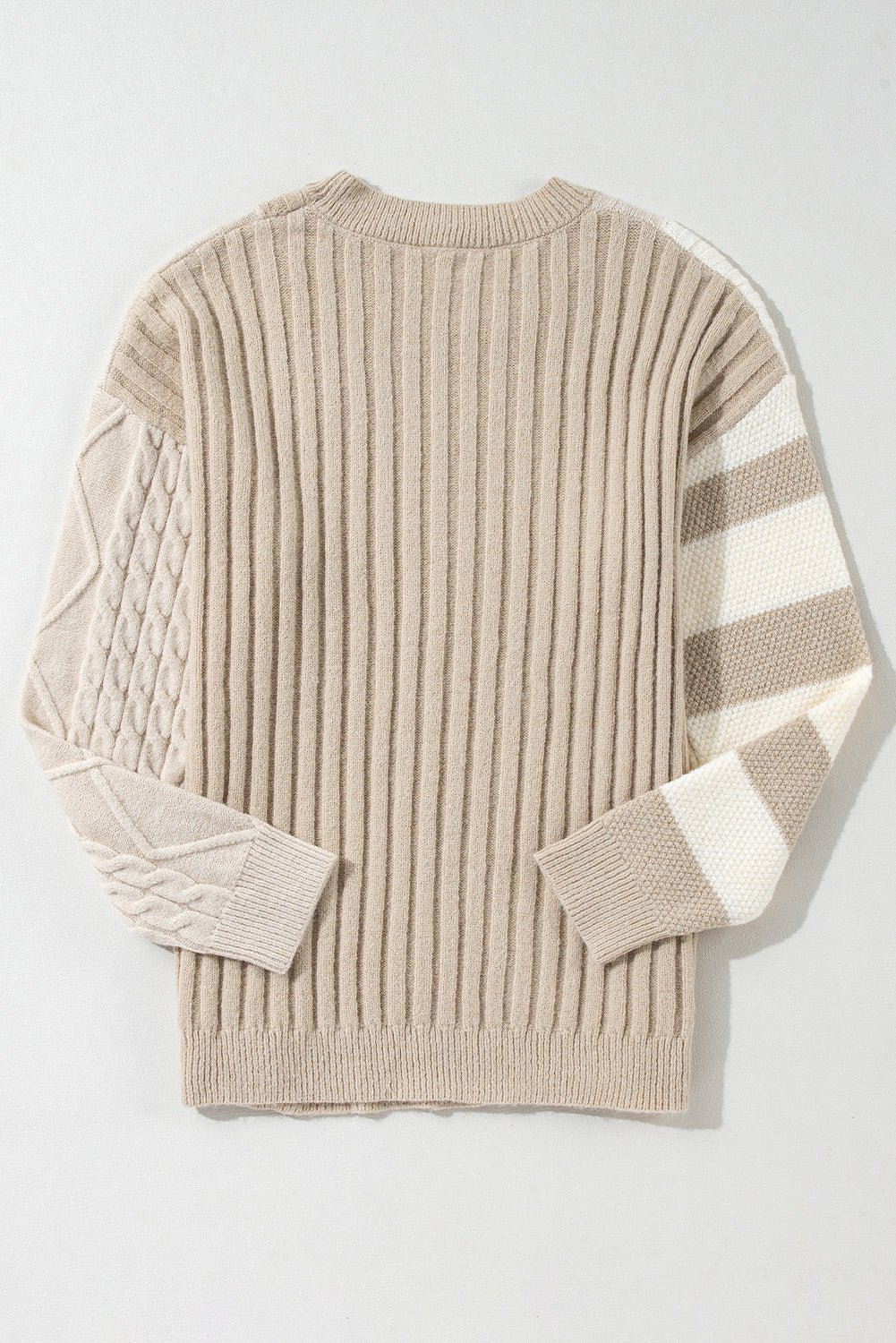 Khaki Cable Knit Colorblock Crew Neck Drop Shoulder Sweater