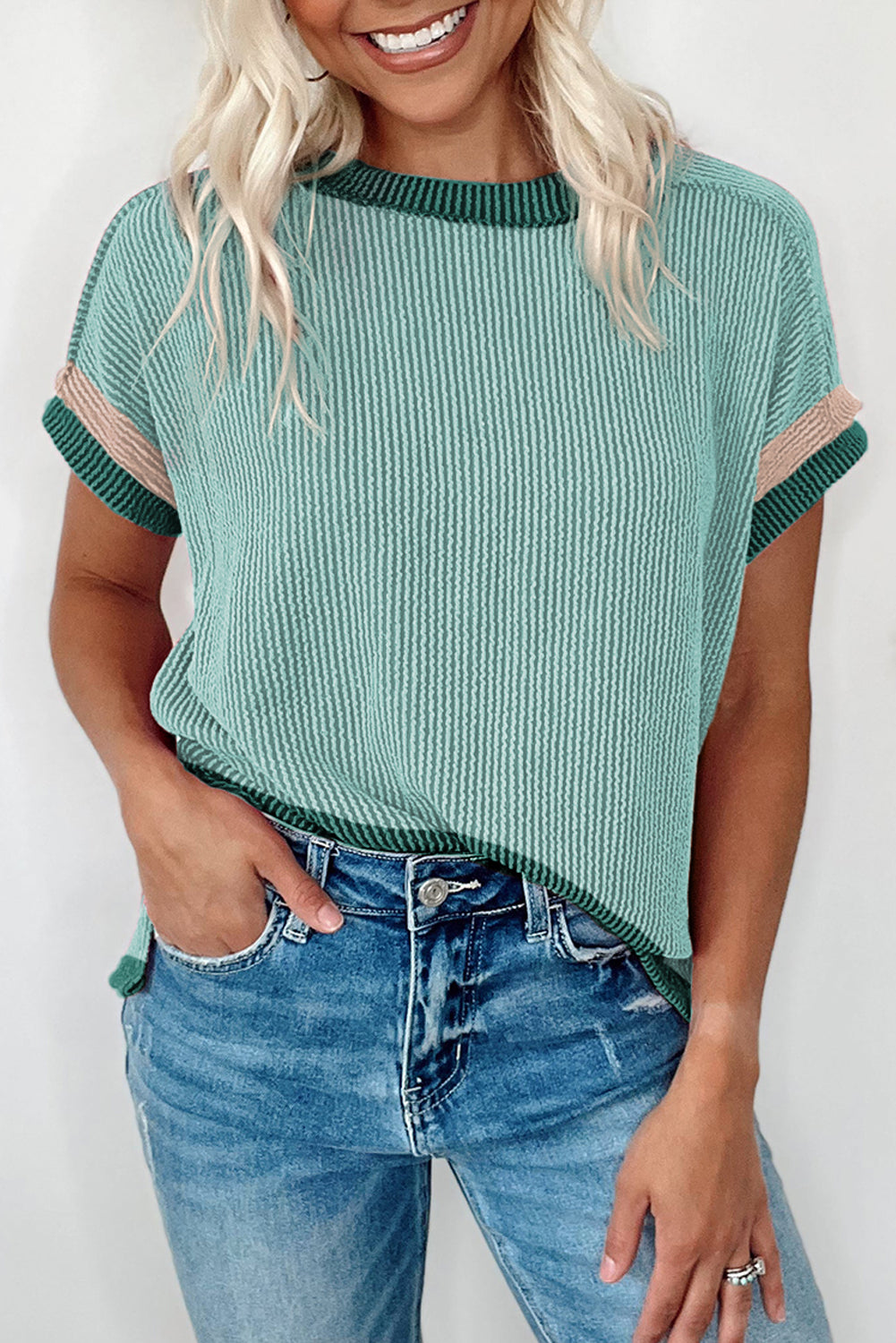 Grass Green Textured Contrast Trim Round Neck T Shirt