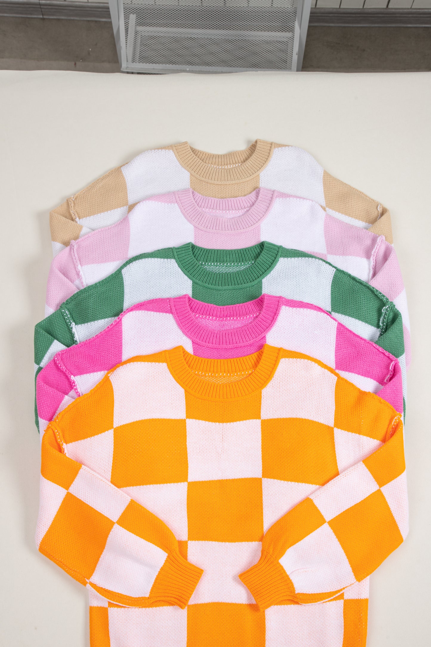 Rose Stripe Checkered Bishop Sleeve Sweater