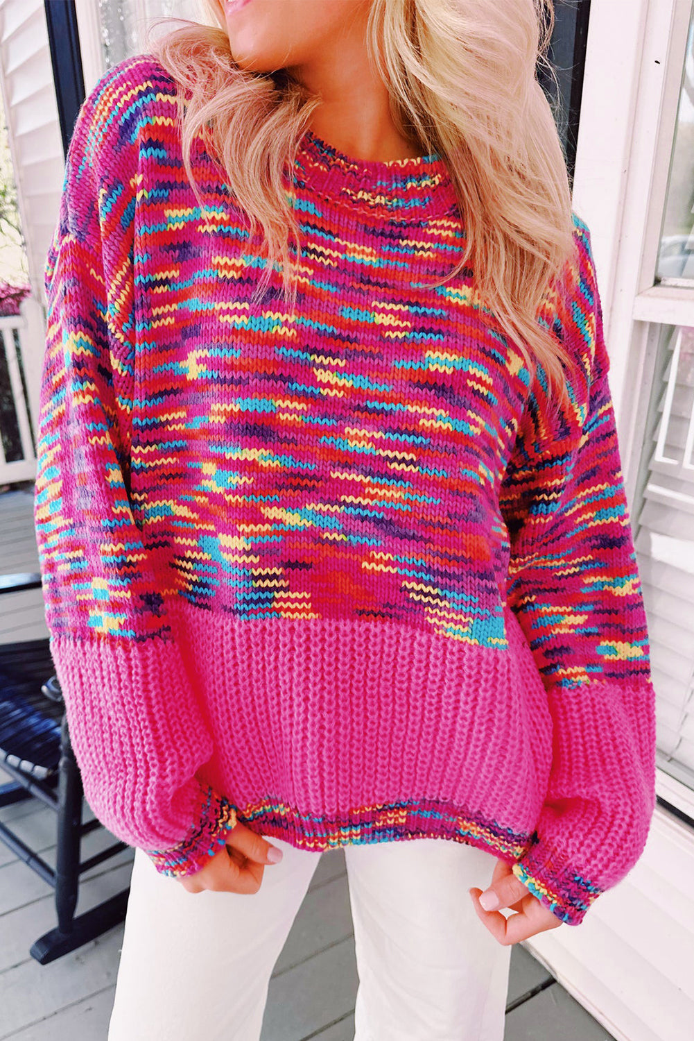 Bright Pink Rainbow Confetti Drop Shoulder Sweater