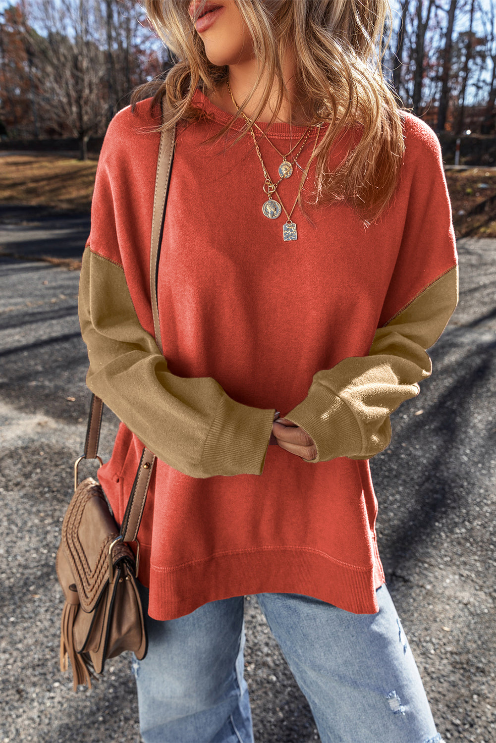 Mineral Red Two Tone Patchwork Drop Shoulder Pullover Sweatshirt