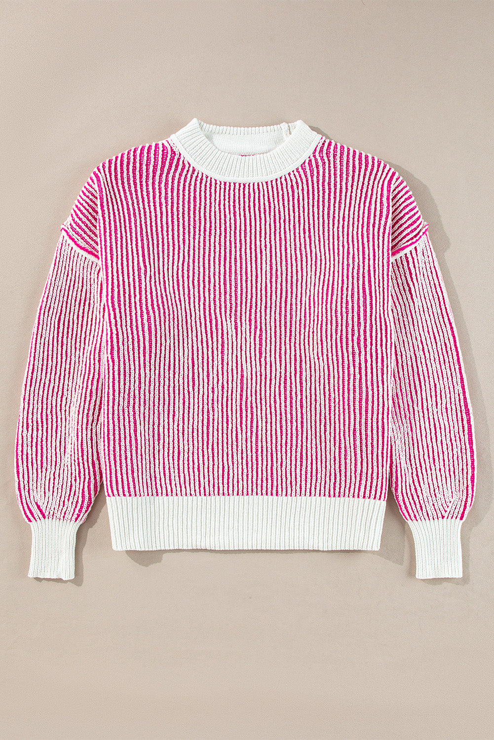 Bright Pink Striped Textured Knit Contrast Edge Loose Sweater