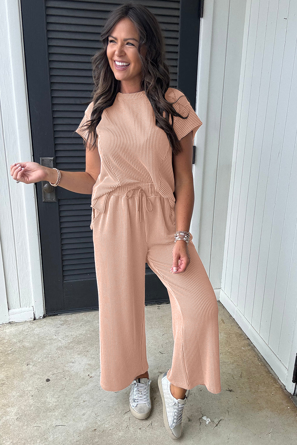 Wild Wind Solid Corded Knit Short Sleeve T Shirt and Wide Leg Pants Set