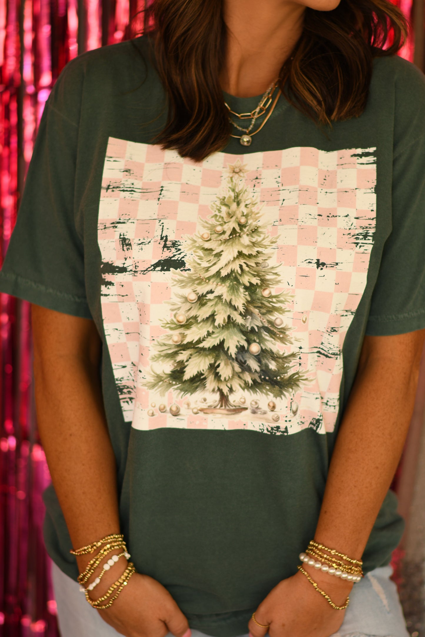 Pink Distressed Checkered Christmas Tree Tee/ Long Sleeve