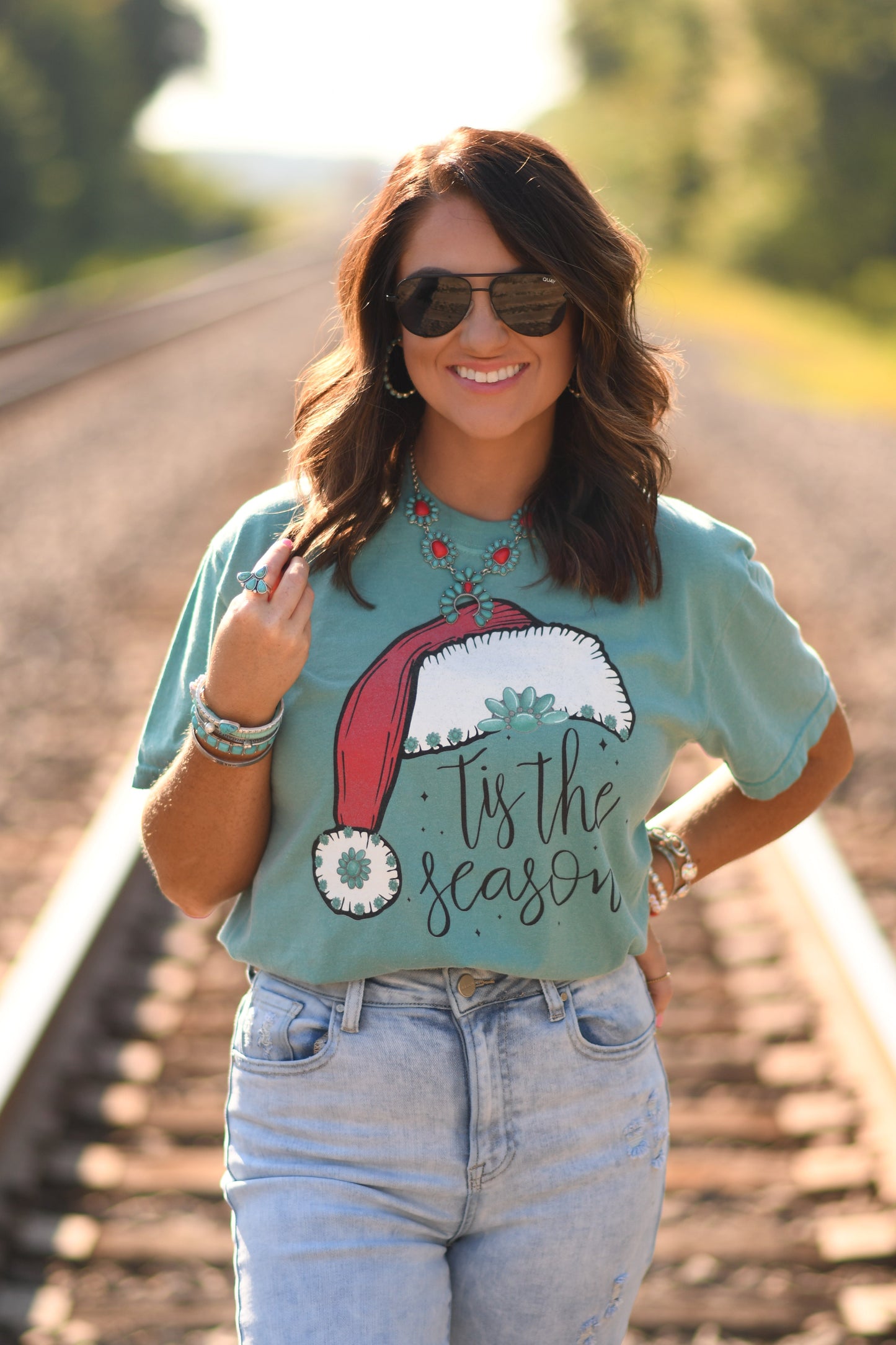 Tis The Season Turquoise Santa Hat Tee