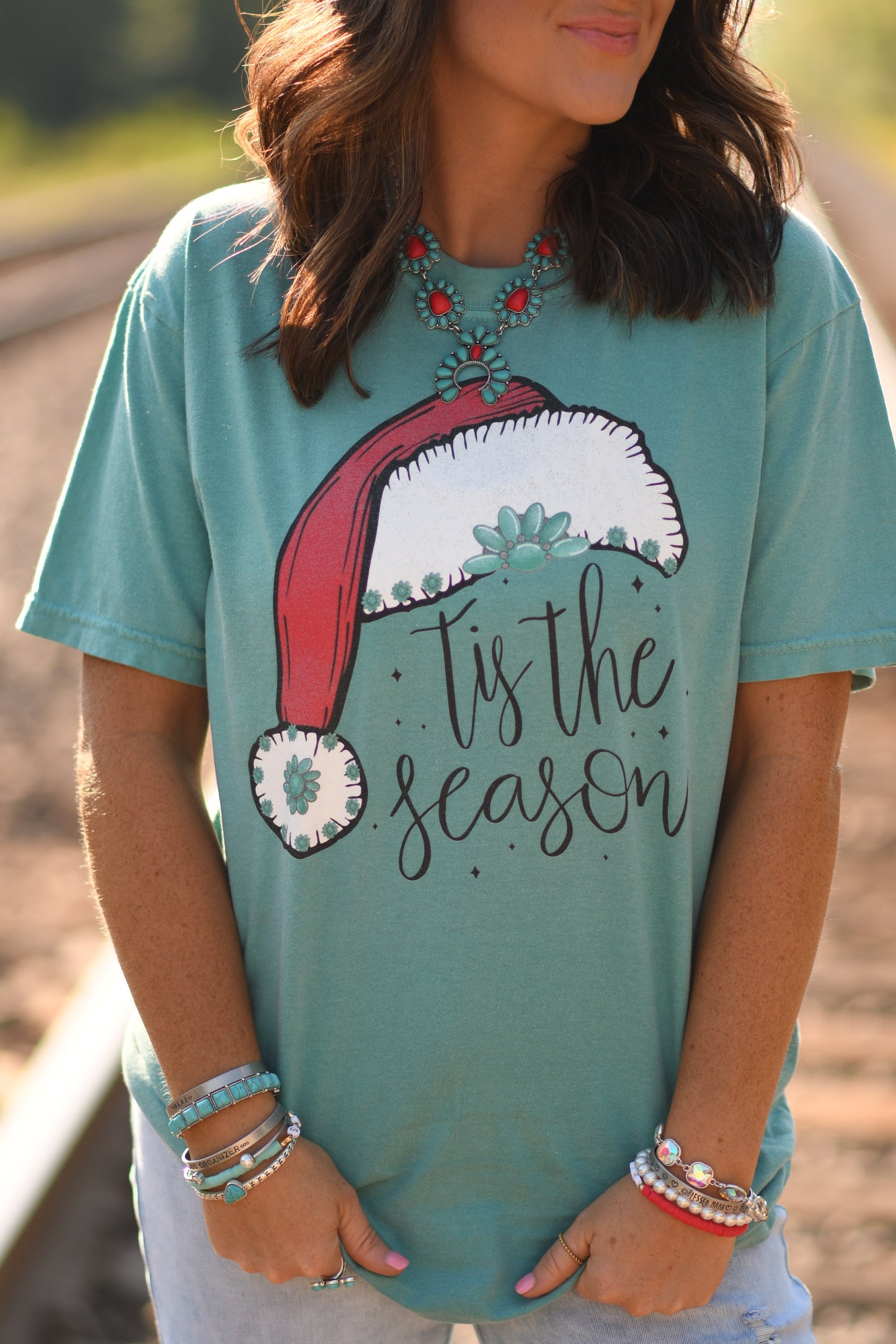 Tis The Season Turquoise Santa Hat Tee