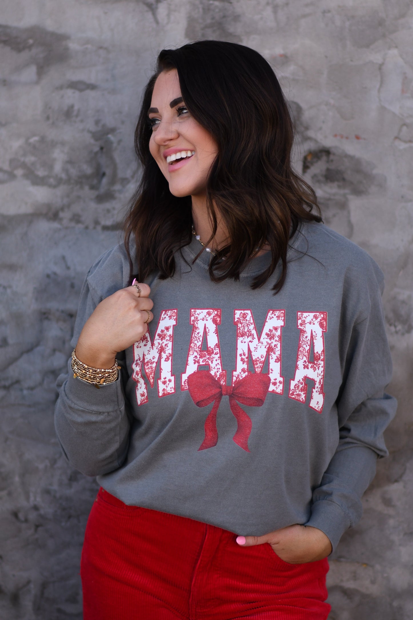 MAMA Red Floral Bow Tee/Long Sleeve