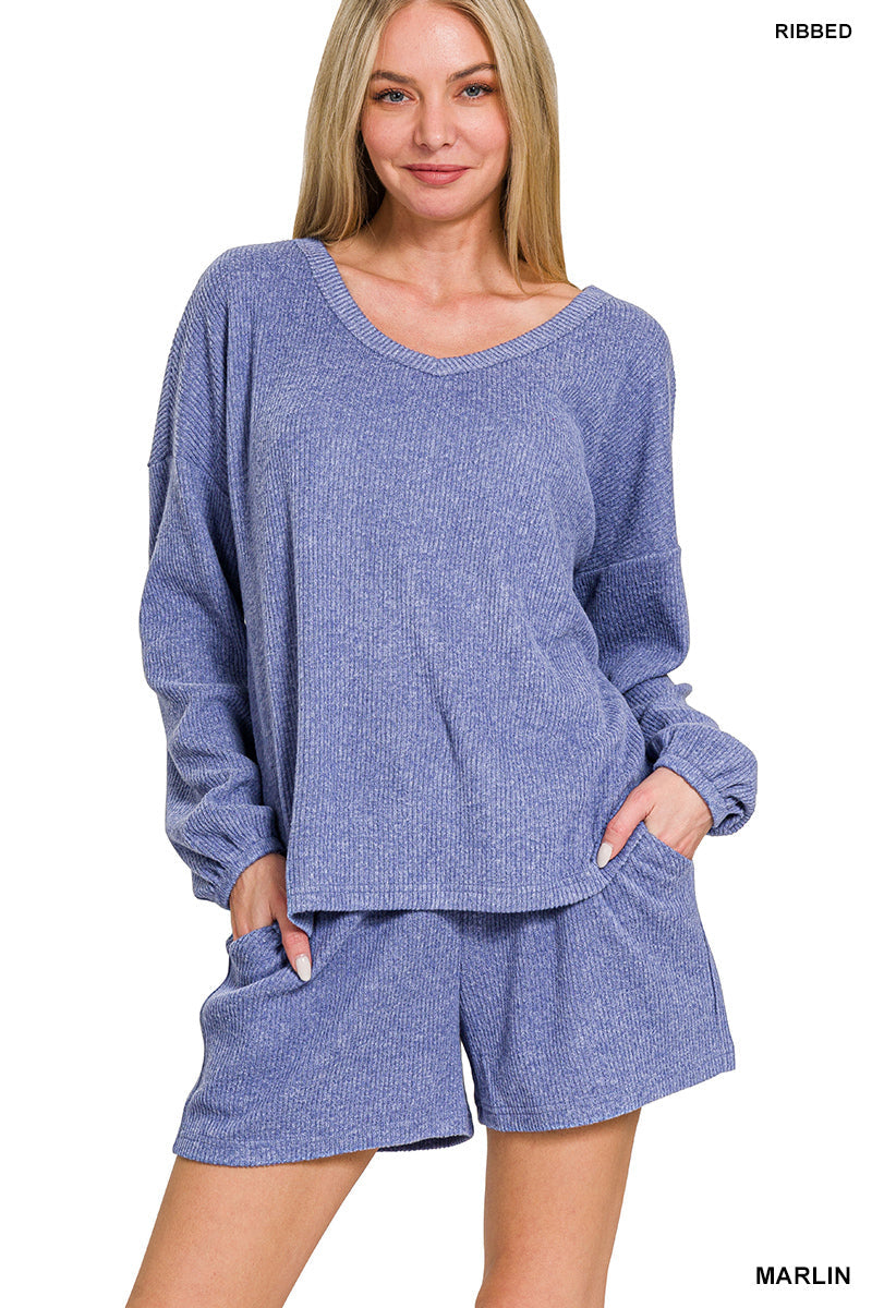 Ribbed Long Sleeve Shortie Set Zenana