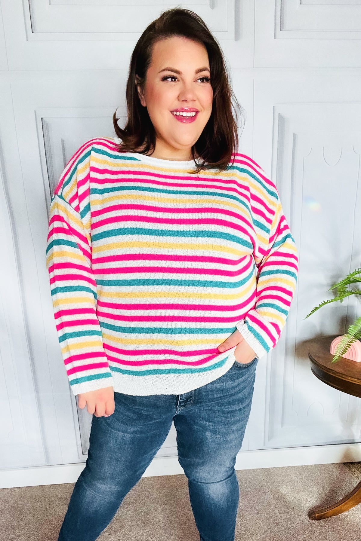 Bold & Sassy Fuchsia Multi Stripe Pullover Sweater