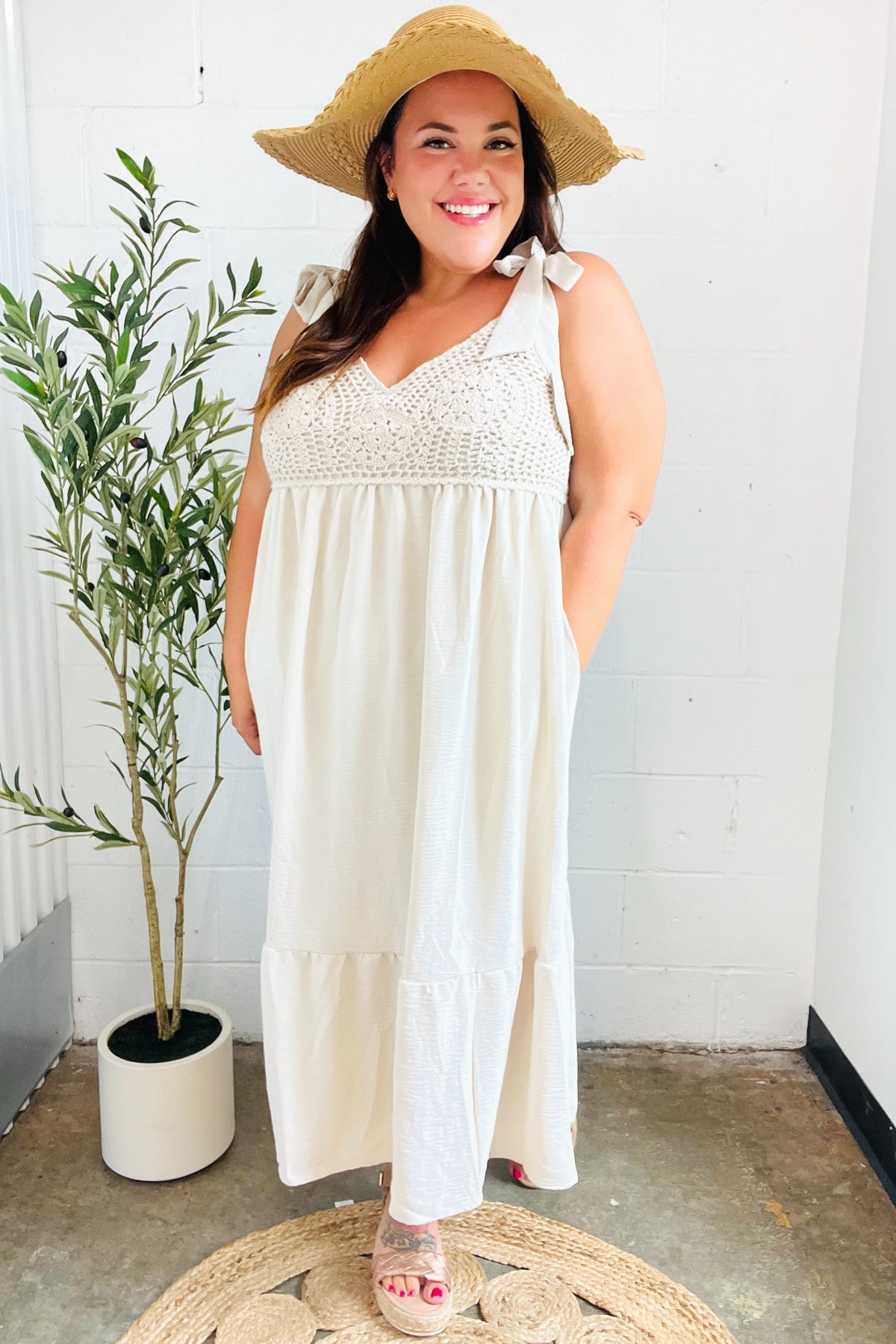 Feeling Your Best Oatmeal Crochet Lace Babydoll Maxi Dress