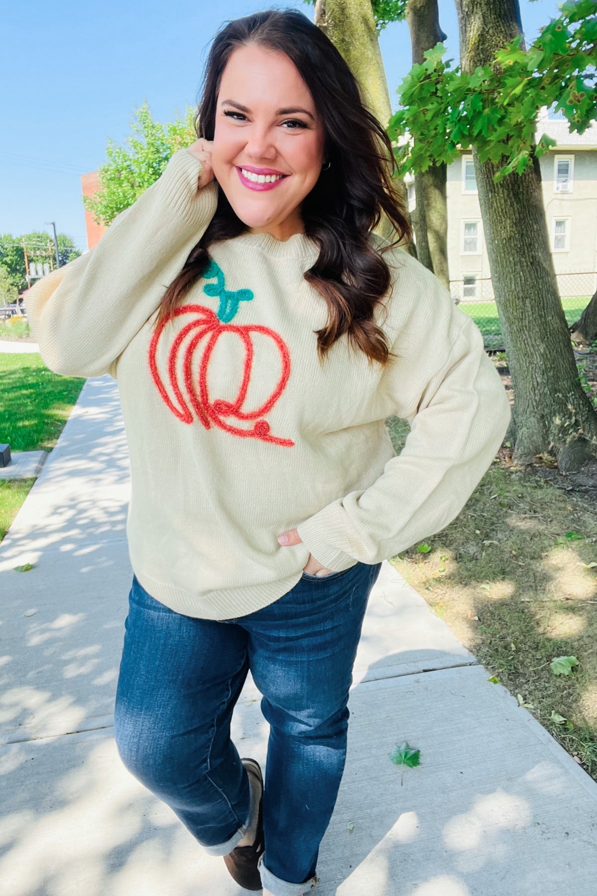 Pumpkin Spice Metallic Yarn Embroidered Oversized Sweater