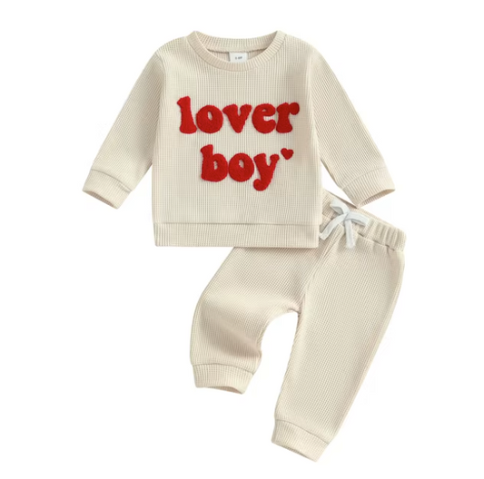 Beige Lover Boy Waffle Knit Lounge Set