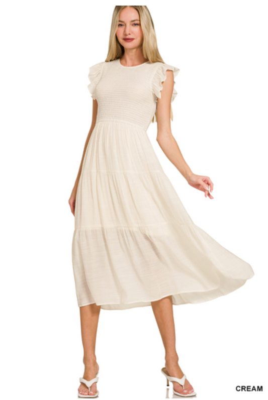 Woven Smocked Ruffle Sleeve Midi Dress Zenana