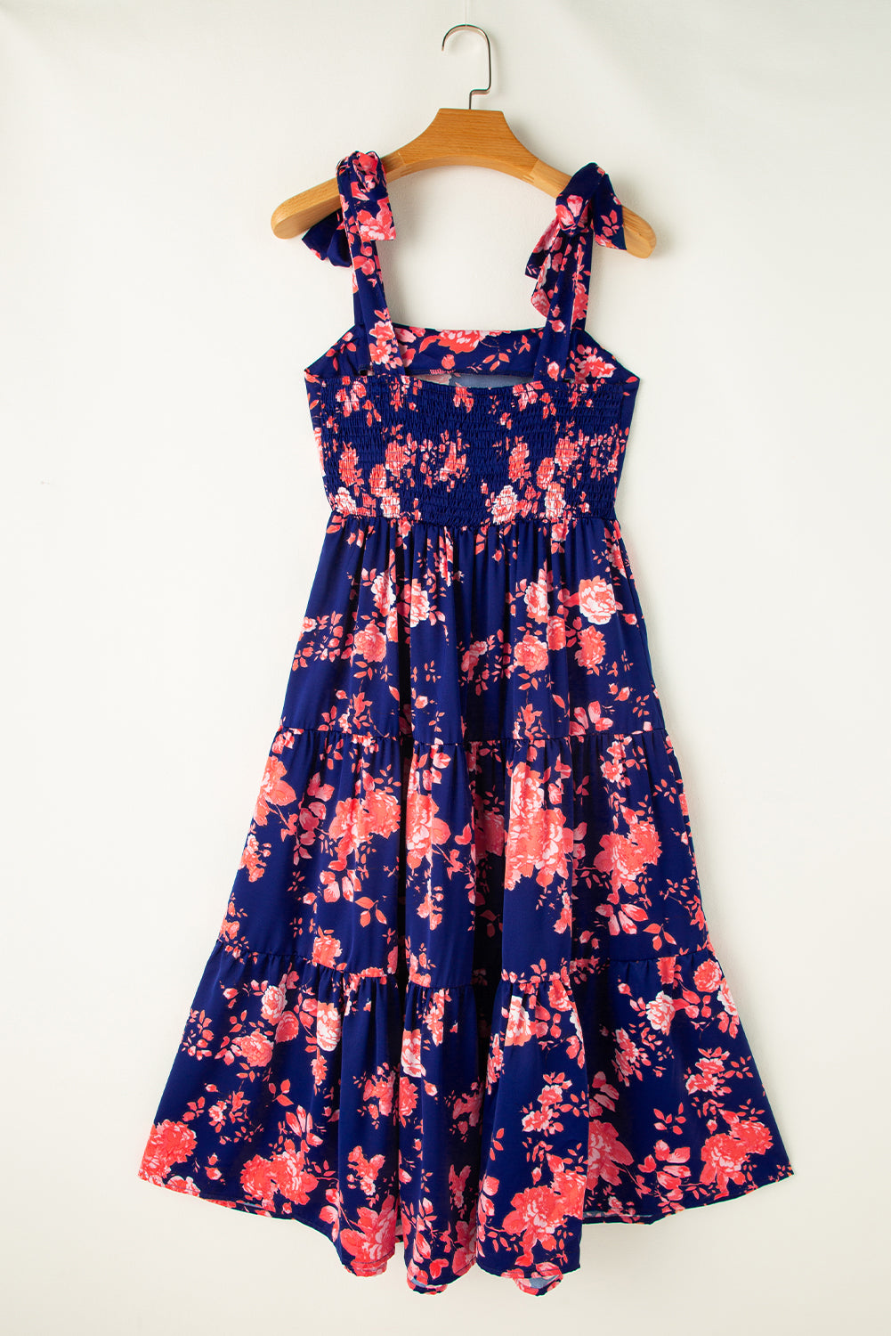 Blue Tie Shoulder Straps Tiered Floral Dress