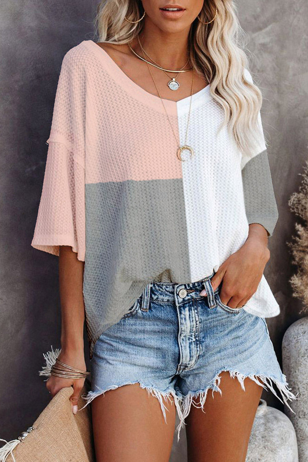 Multicolor Waffle Colorblock Wide Sleeve Oversized Top