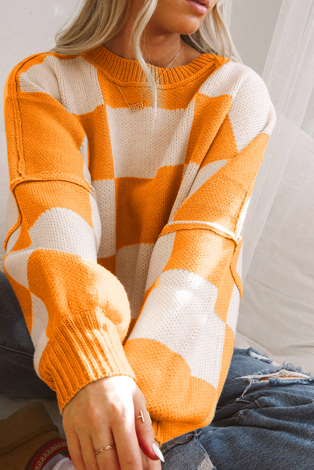 Rose Stripe Checkered Bishop Sleeve Sweater