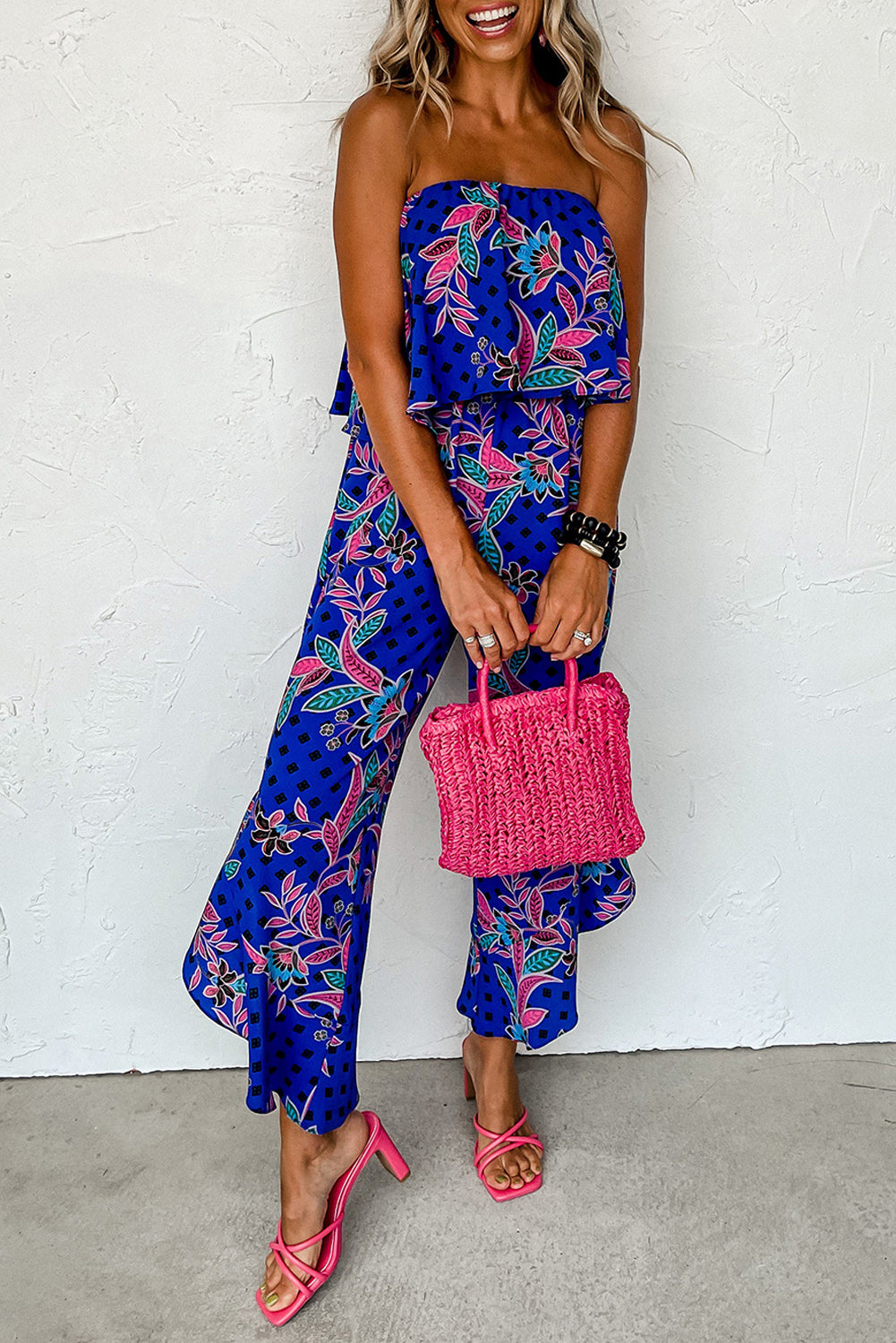 Blue Mix Tropical Print Strapless Ruffled Jumpsuit