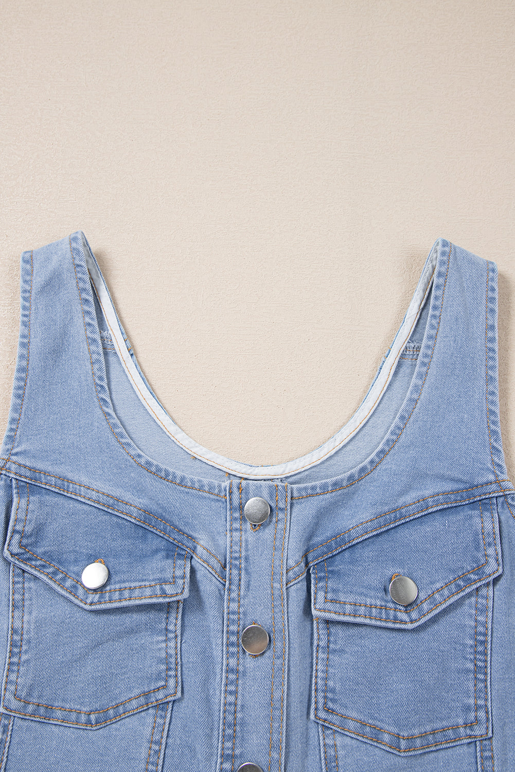 Beau Blue Light Wash Denim Buttoned Front Chest Pockets Sleeveless Slim Mini Dress