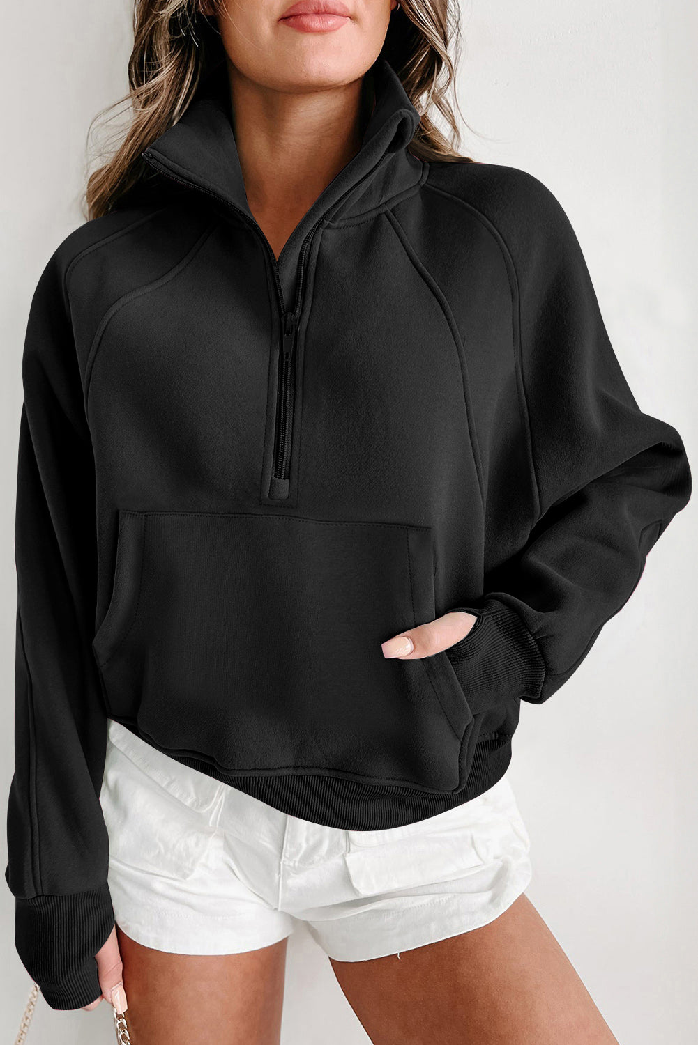 Phalaenopsis Fleece Lined Zip Up Stand Collar Thumbhole Sleeve Sweatshirt