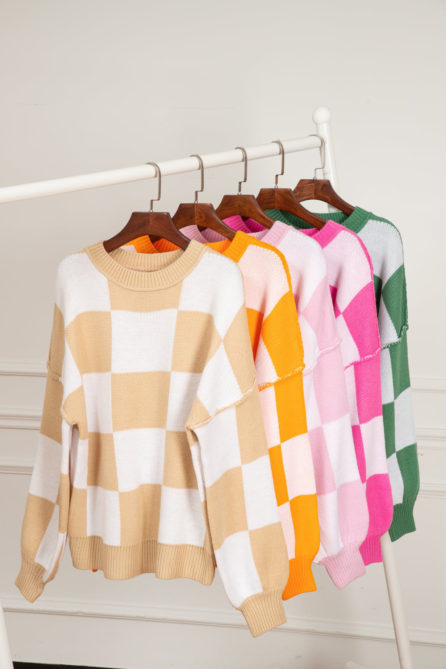 Rose Stripe Checkered Bishop Sleeve Sweater