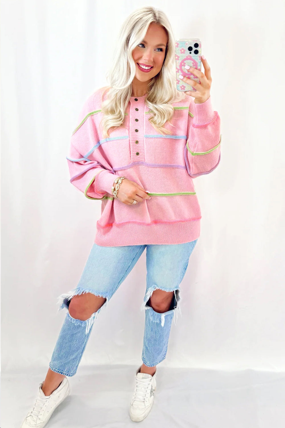 Pink Rainbow Stripes Drop Shoulder Baggy Henley Sweater