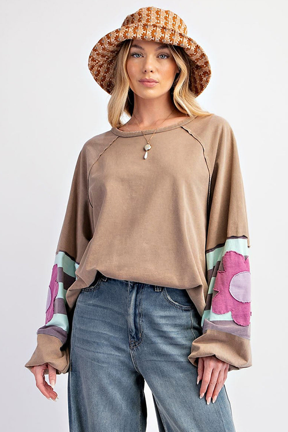 Smoke Green Flower Patchwork Raglan Sleeve Exposed Seam Oversized Top