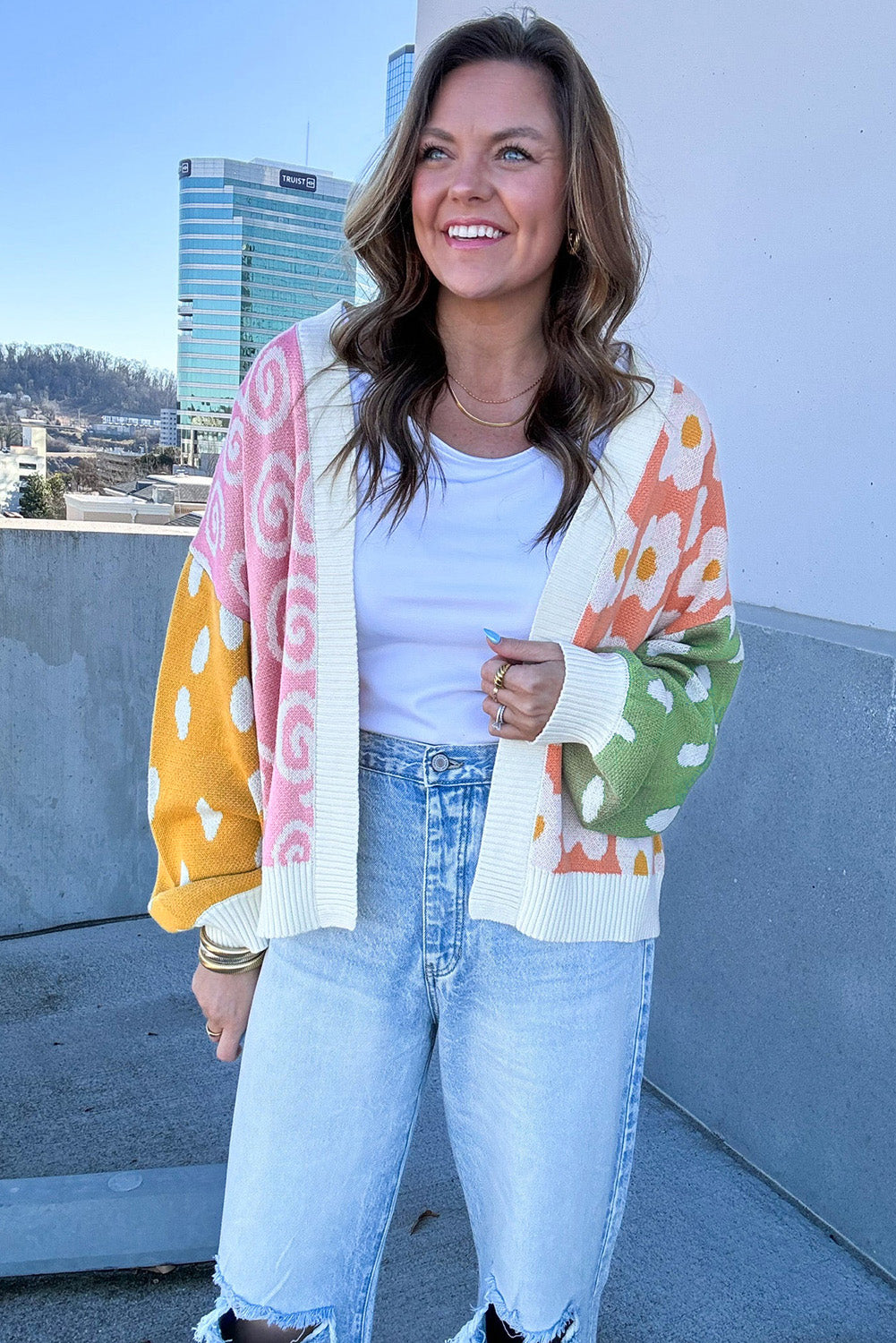 Orange Flower & Dotted Mixed Print Colorblock Open Front Cardigan