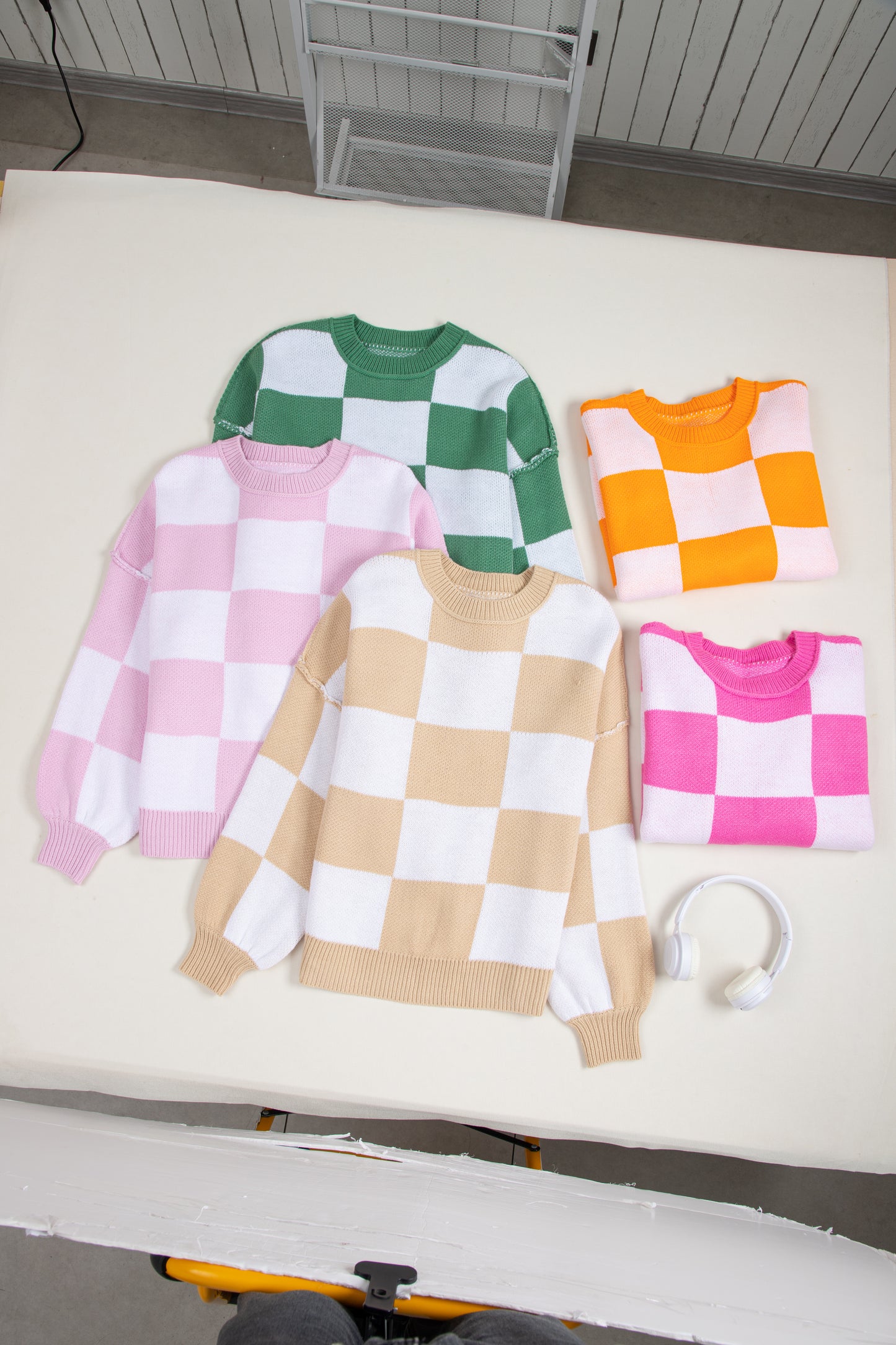 Rose Stripe Checkered Bishop Sleeve Sweater