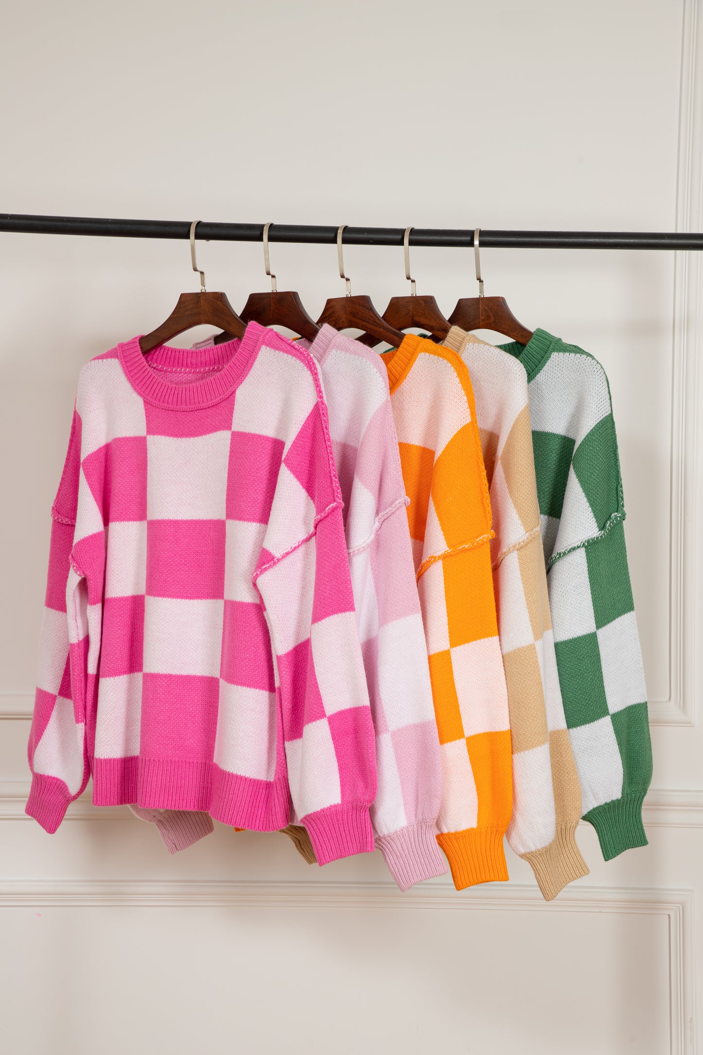 Rose Stripe Checkered Bishop Sleeve Sweater